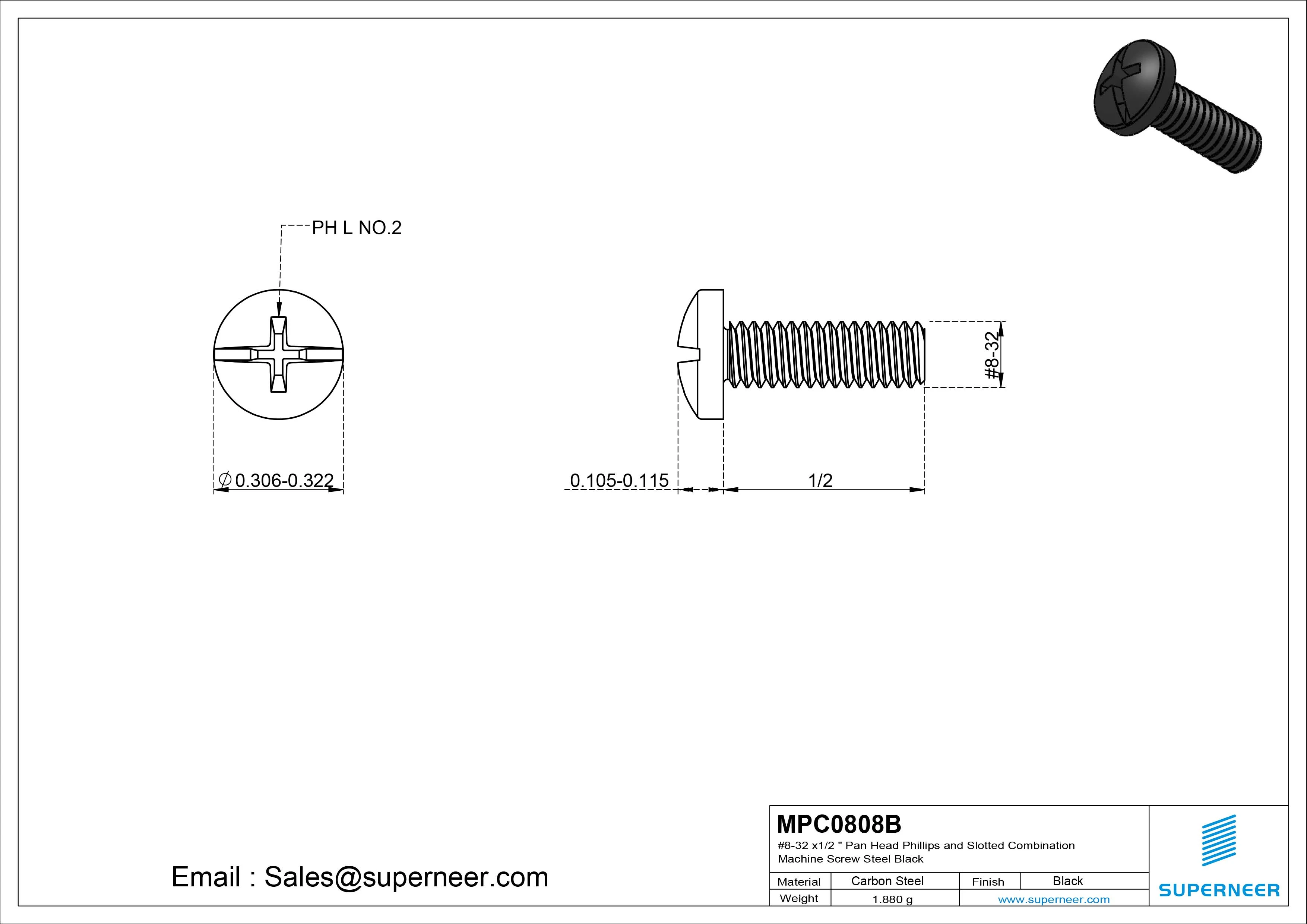 #8-32 x 1/2" Pan Head Phillips and Slotted Combination Machine Screw Steel Black