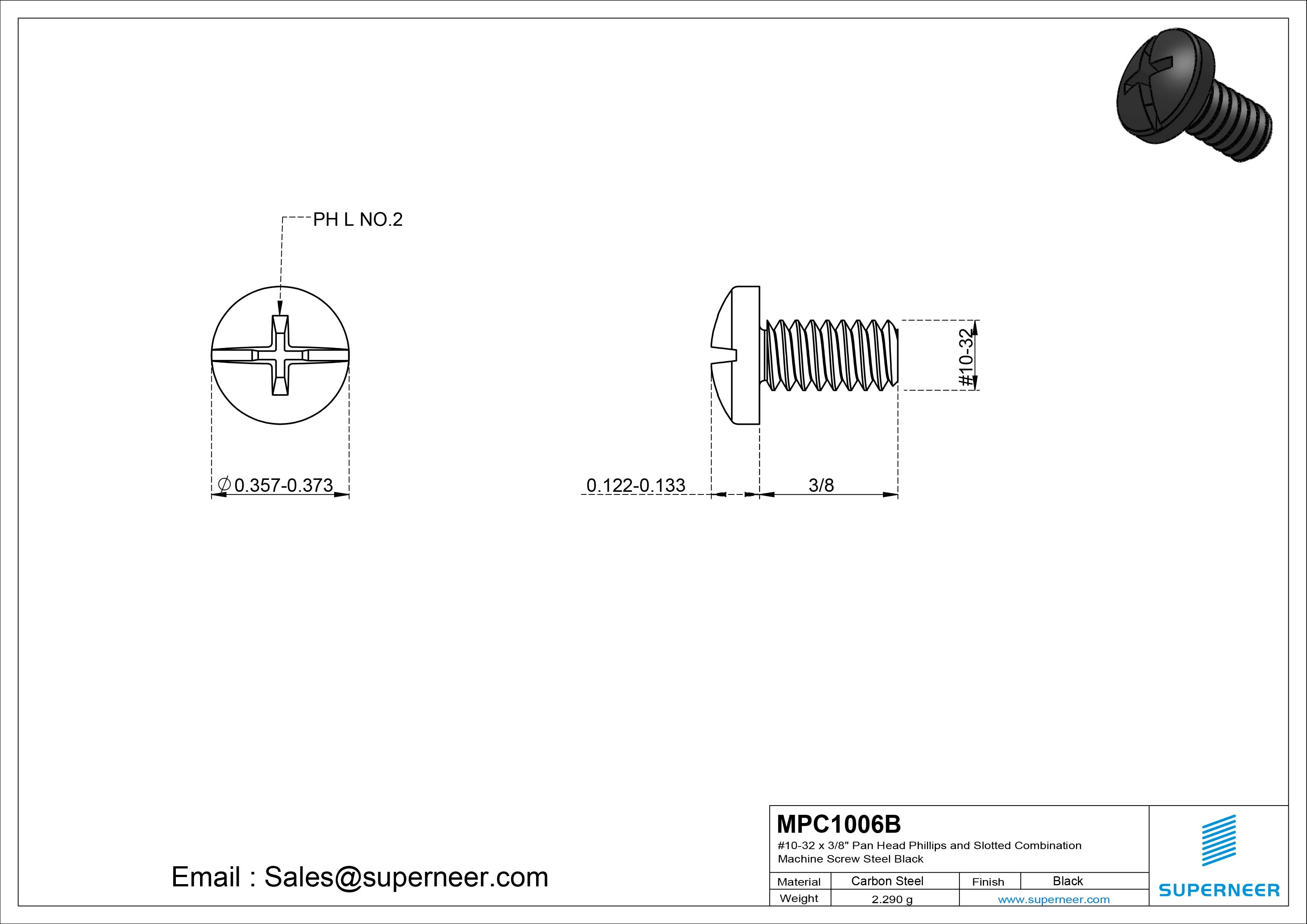 #10-32 x 3/8" Pan Head Phillips and Slotted Combination Machine Screw Steel Black
