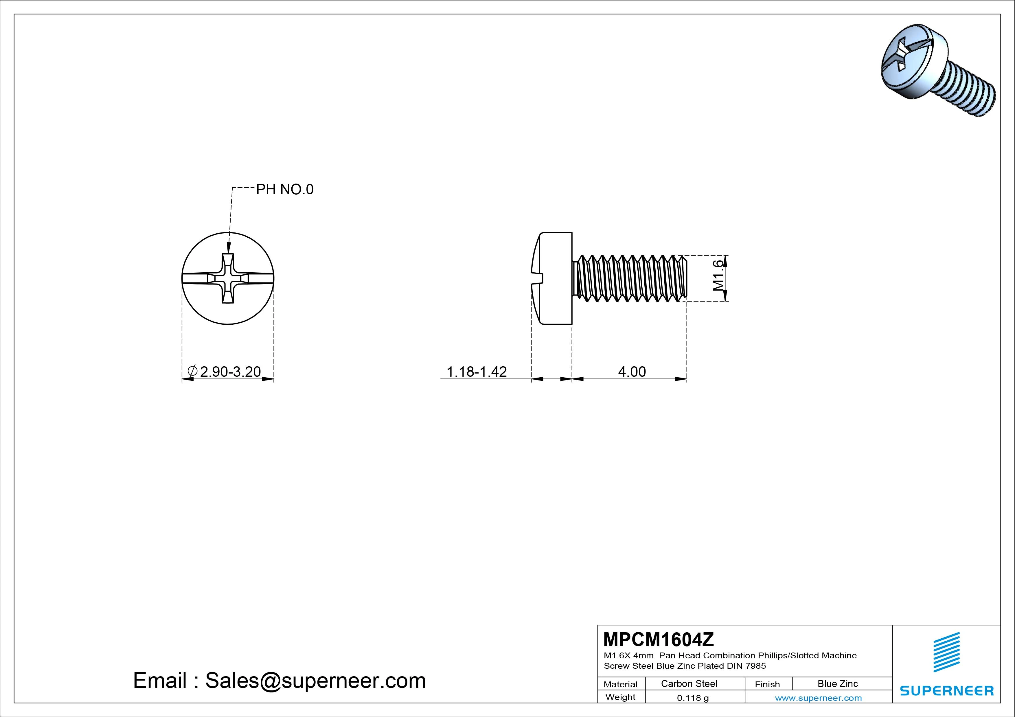 M1.6 x 4mm Pan Head Combination Phillips/Slotted Machine Screw Steel Blue Zinc Plated DIN 7985