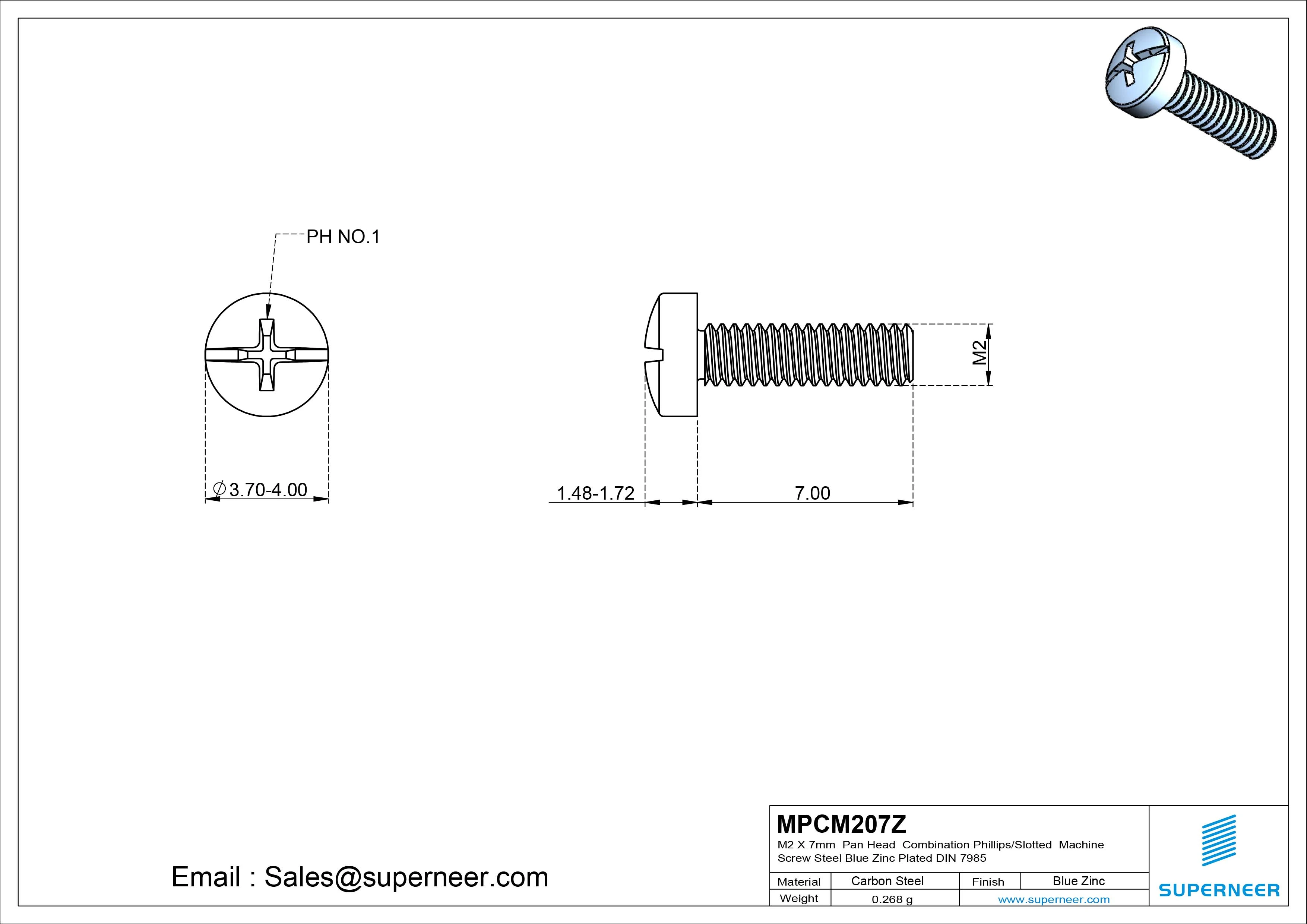 M2 x 7 mm Pan Head Combination Phillips/Slotted Machine Screw Steel Blue Zinc Plated DIN 7985