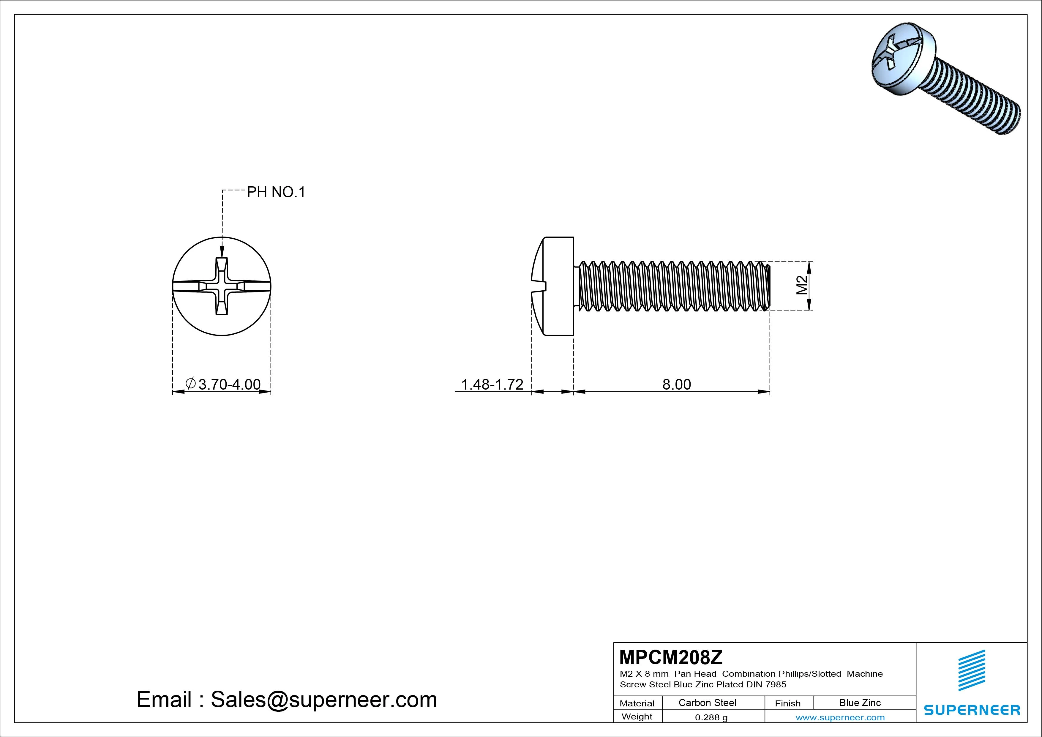 M2 x 8 mm Pan Head Combination Phillips/Slotted Machine Screw Steel Blue Zinc Plated DIN 7985
