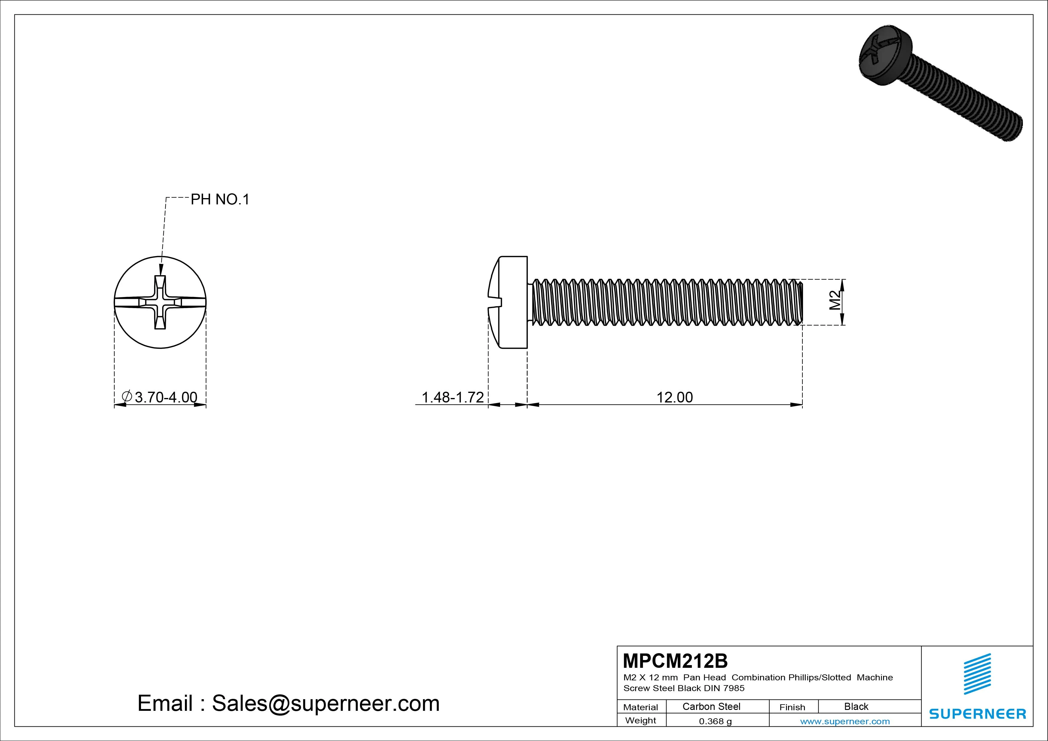 M2 x 12 mm Pan Head Combination Phillips/Slotted Machine Screw Steel Black DIN 7985