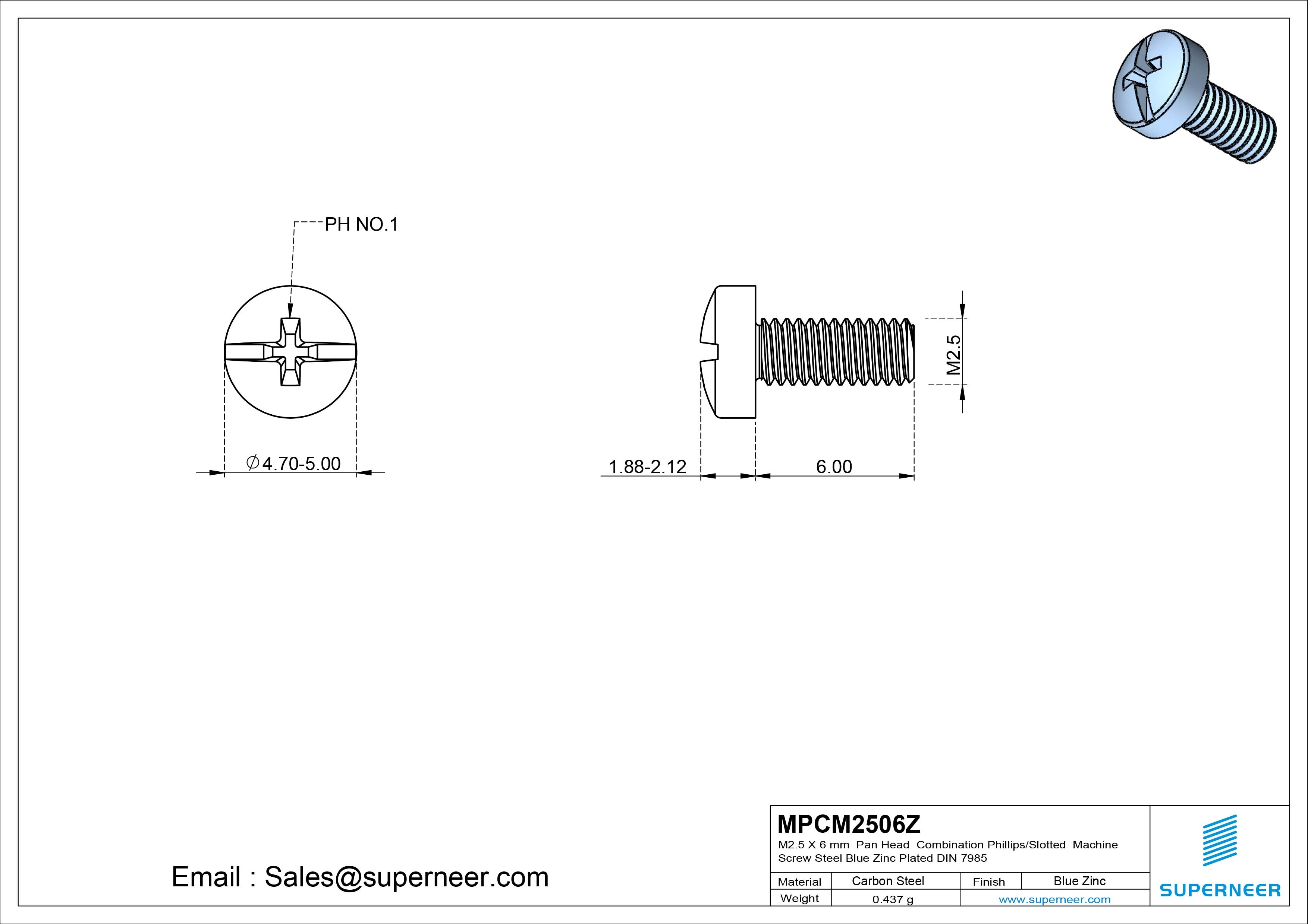 M2.5 x 6 mm Pan Head Combination Phillips/Slotted Machine Screw Steel Blue Zinc Plated DIN 7985