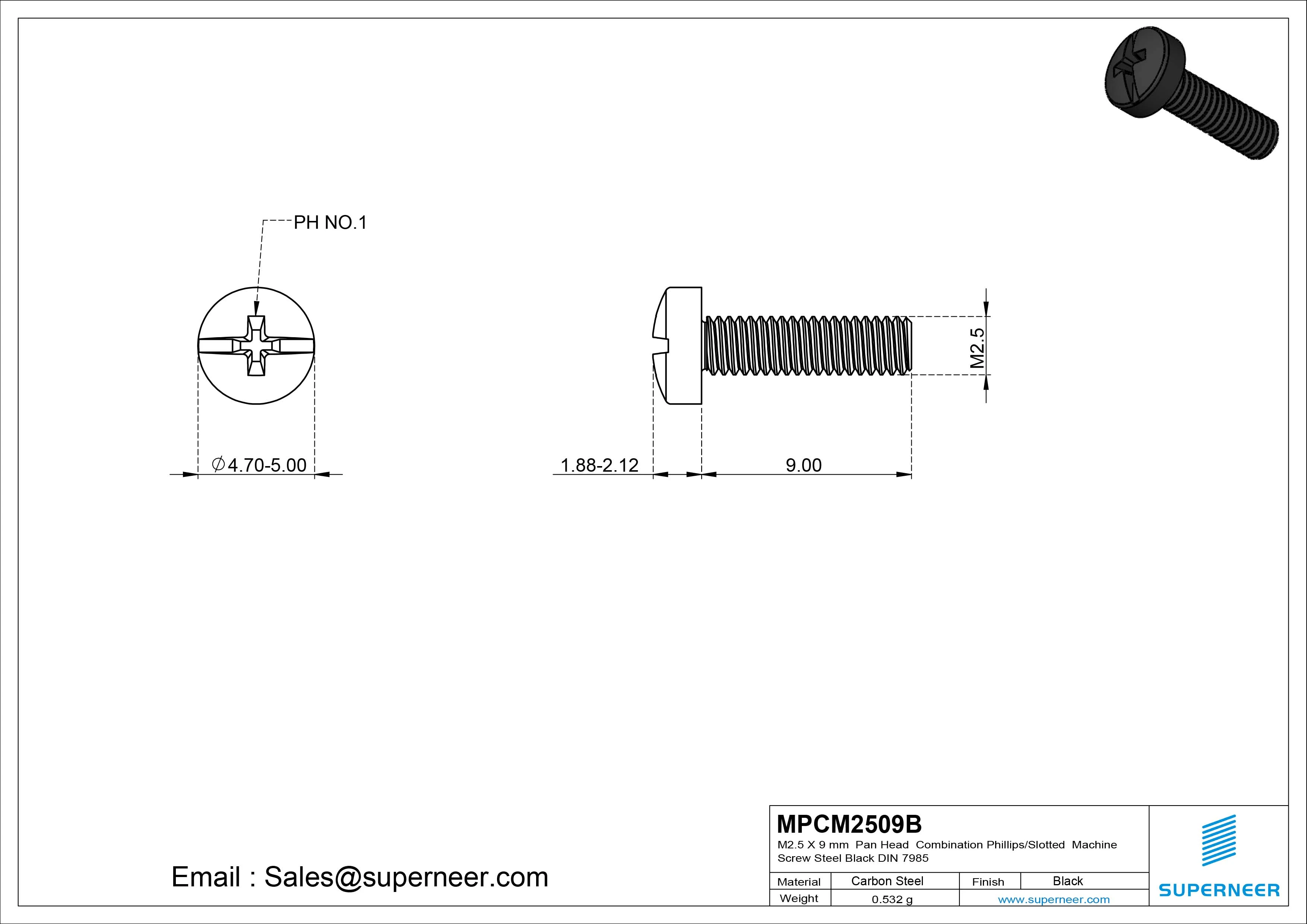 M2.5 x 9 mm Pan Head Combination Phillips/Slotted Machine Screw Steel Black DIN 7985