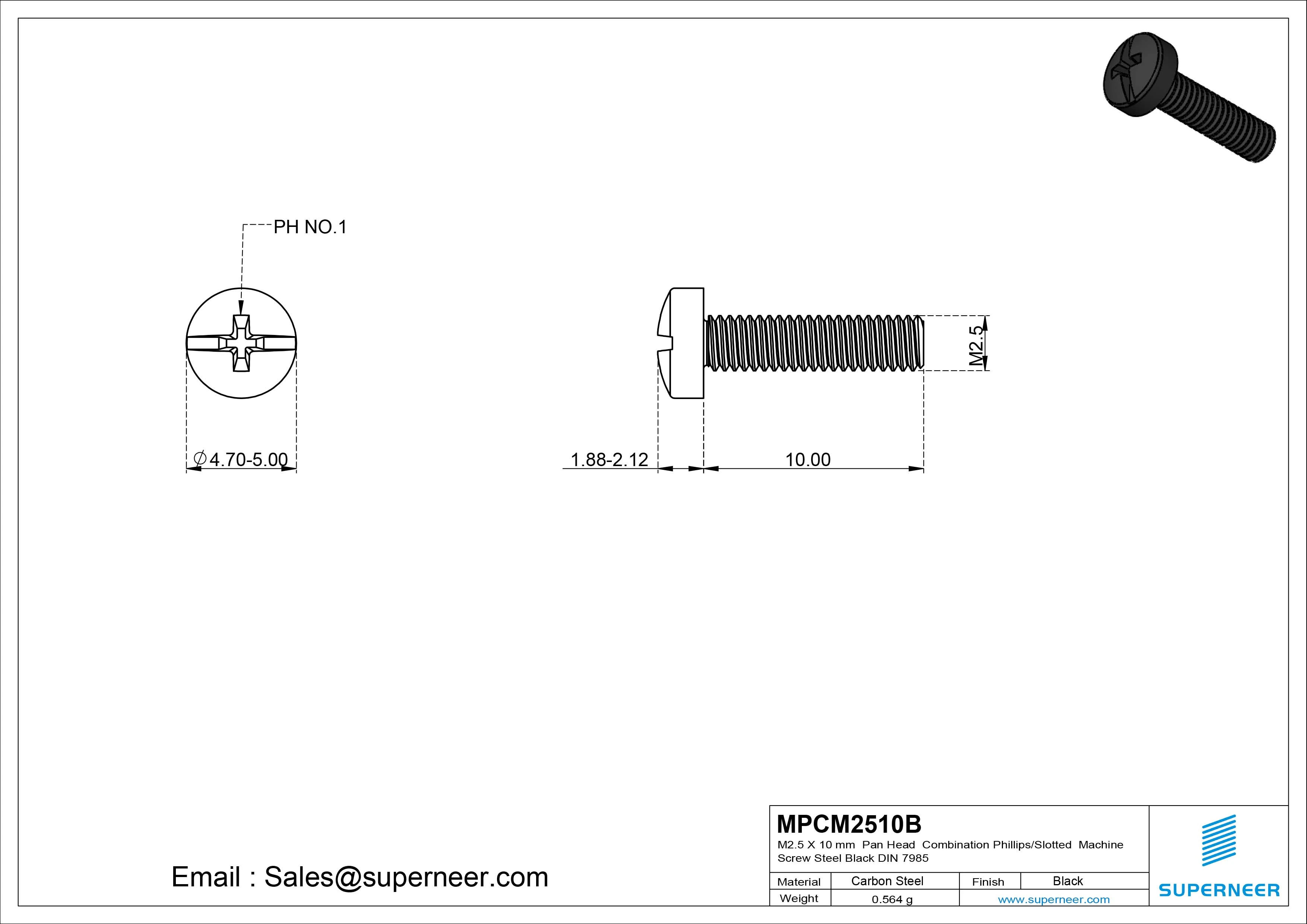 M2.5 x 10 mm Pan Head Combination Phillips/Slotted Machine Screw Steel Black DIN 7985