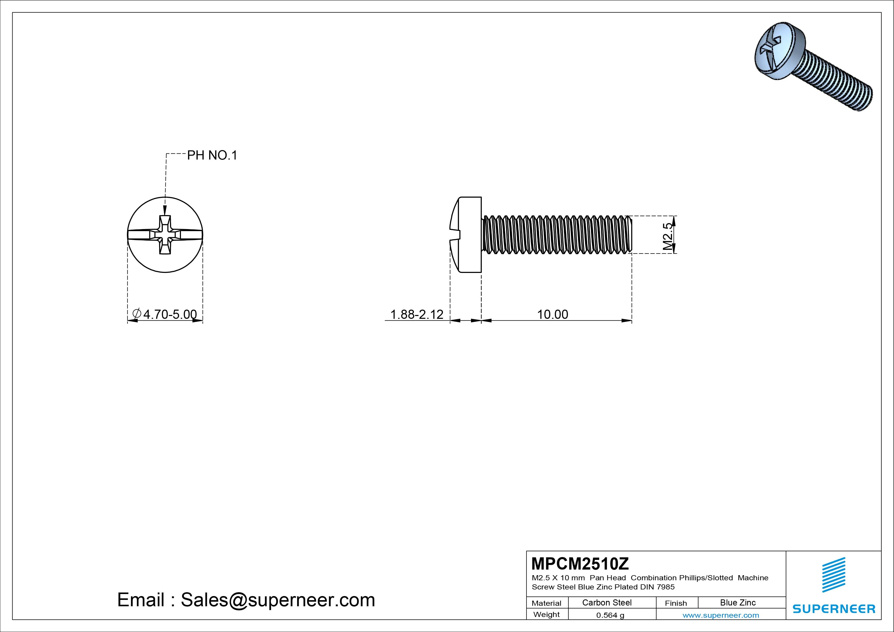 M2.5 x 10 mm Pan Head Combination Phillips/Slotted Machine Screw Steel Blue Zinc Plated DIN 7985