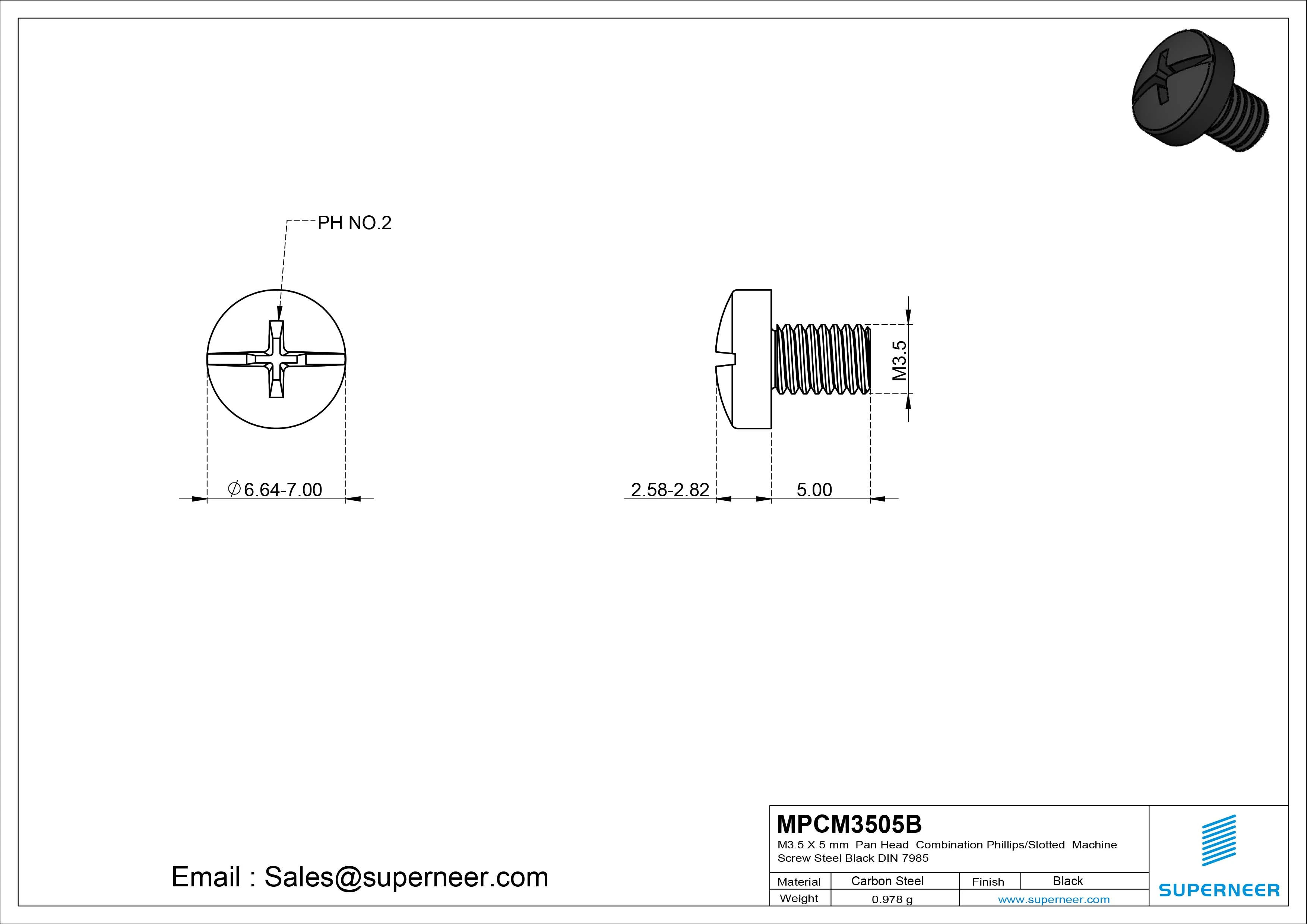 M3.5 x 5 mm Pan Head Combination Phillips/Slotted Machine Screw Steel Black DIN 7985