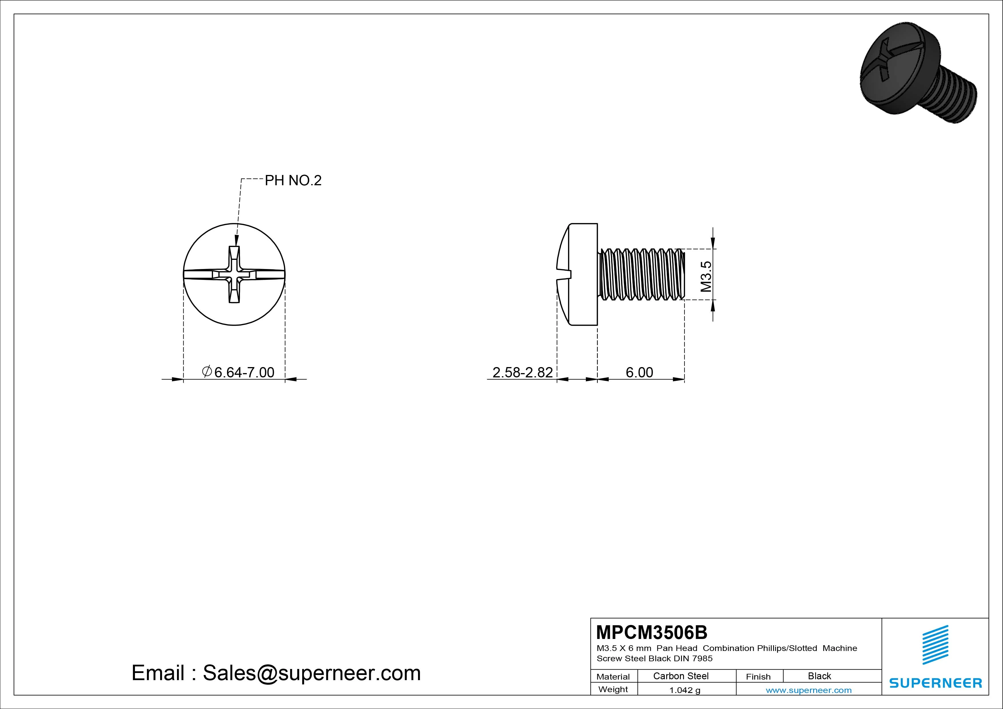 M3.5 x 6 mm Pan Head Combination Phillips/Slotted Machine Screw Steel Black DIN 7985