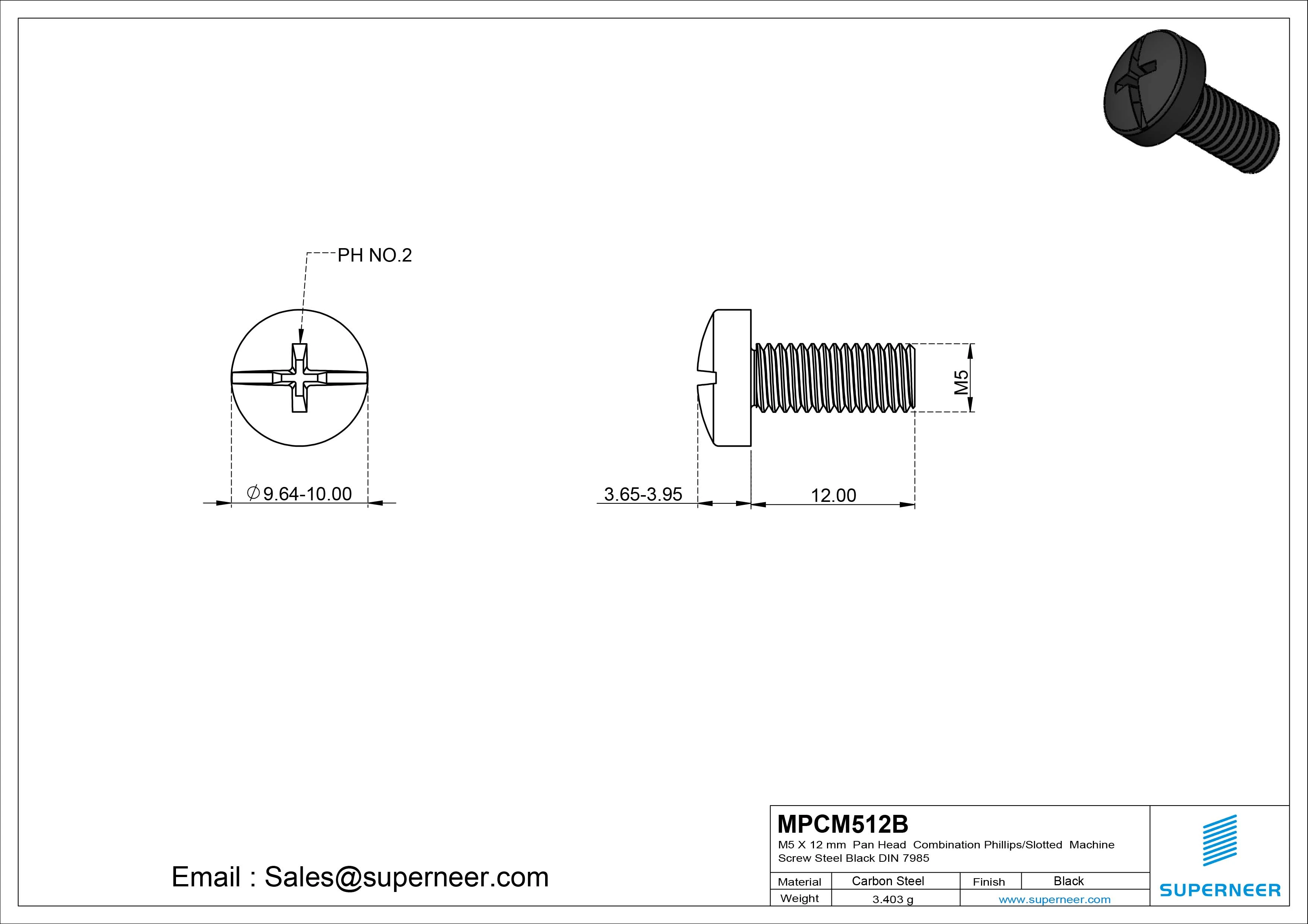 M5 x 12 mm Pan Head  Combination Phillips/Slotted Machine Screw Steel Black DIN 7985