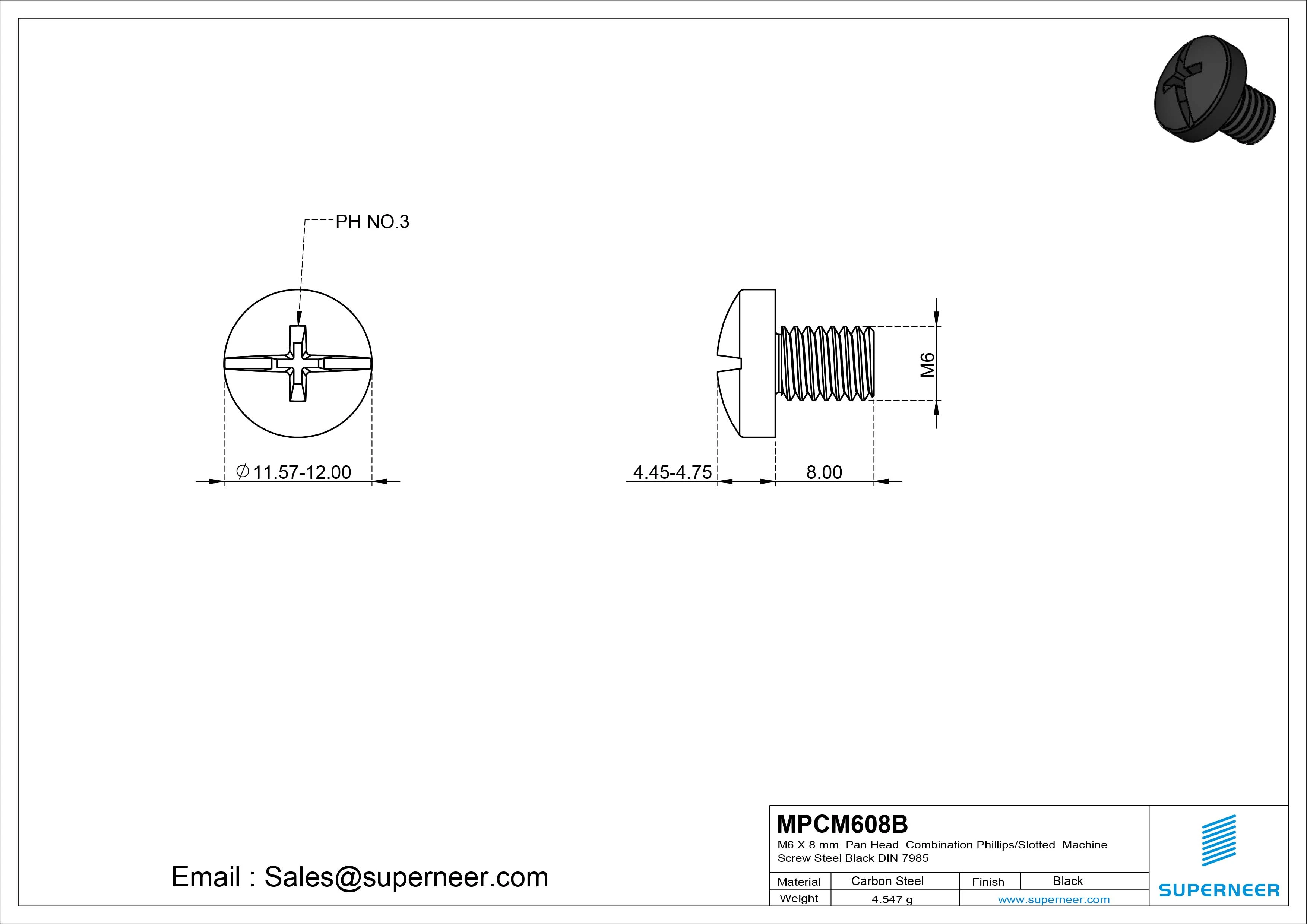 M6 x 8 mm Pan Head  Combination Phillips/Slotted Machine Screw Steel Black DIN 7985