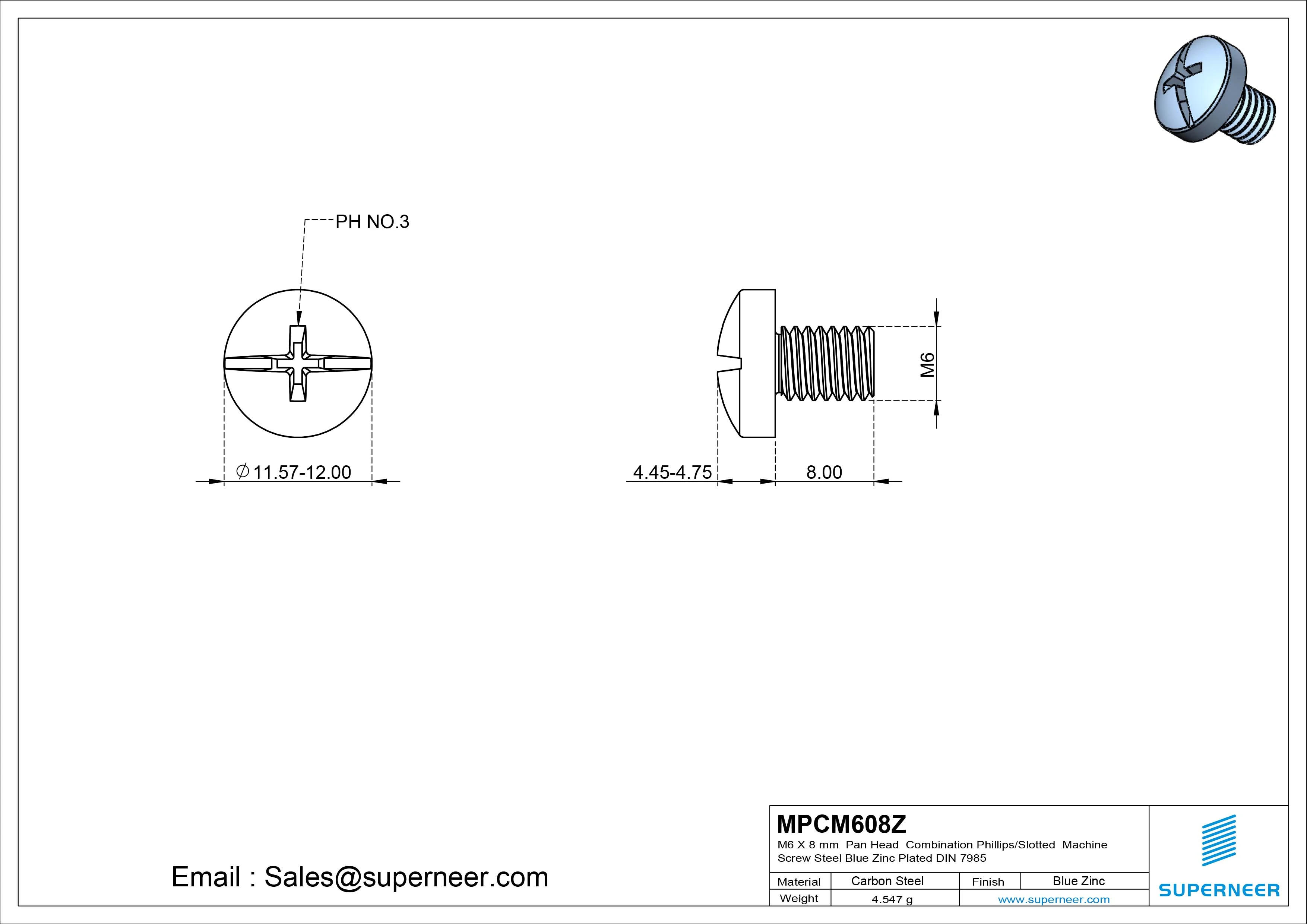 M6 x 8 mm Pan Head  Combination Phillips/Slotted Machine Screw Steel Blue Zinc Plated DIN 7985