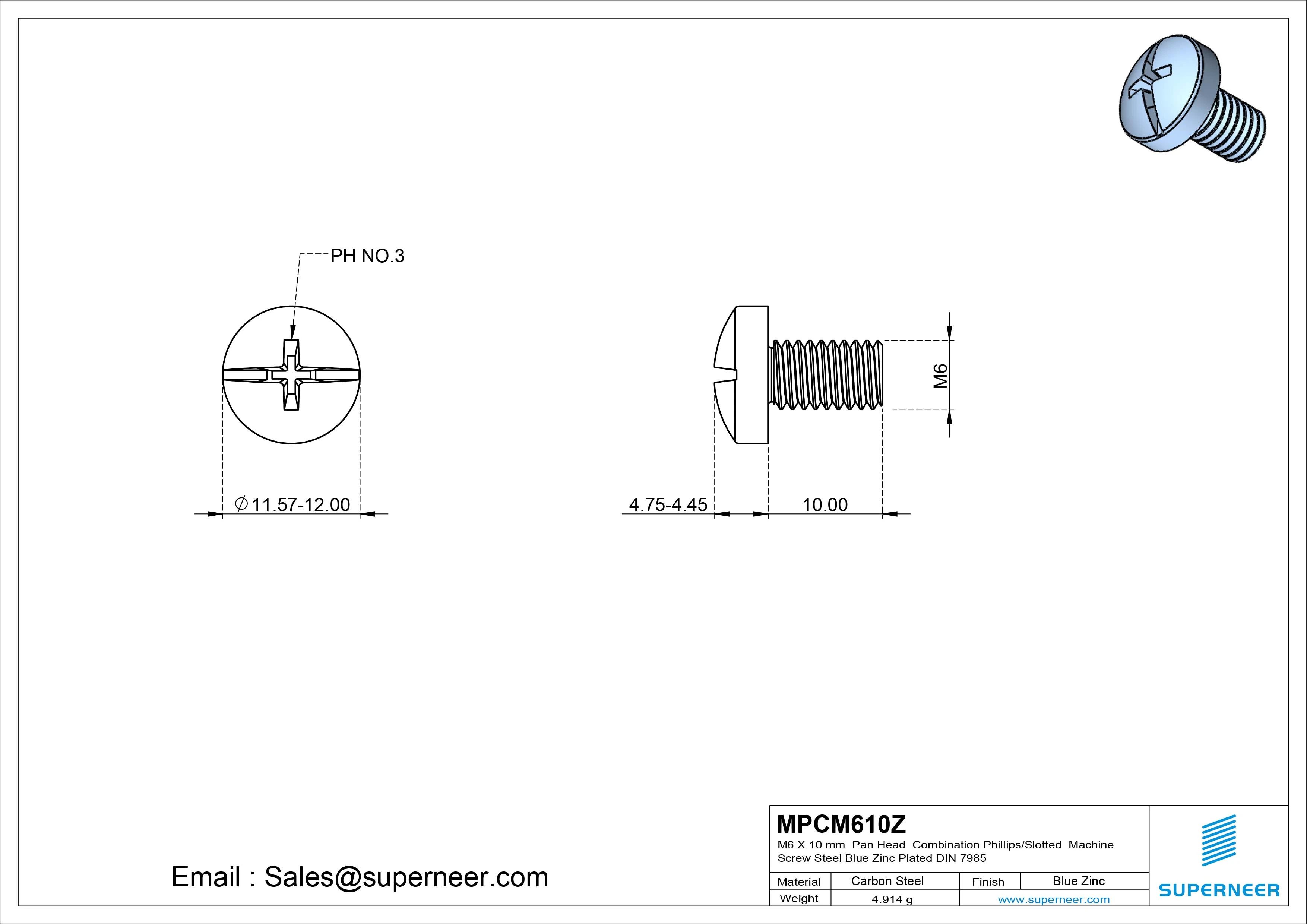 M6 x 10 mm Pan Head  Combination Phillips/Slotted Machine Screw Steel Blue Zinc Plated DIN 7985