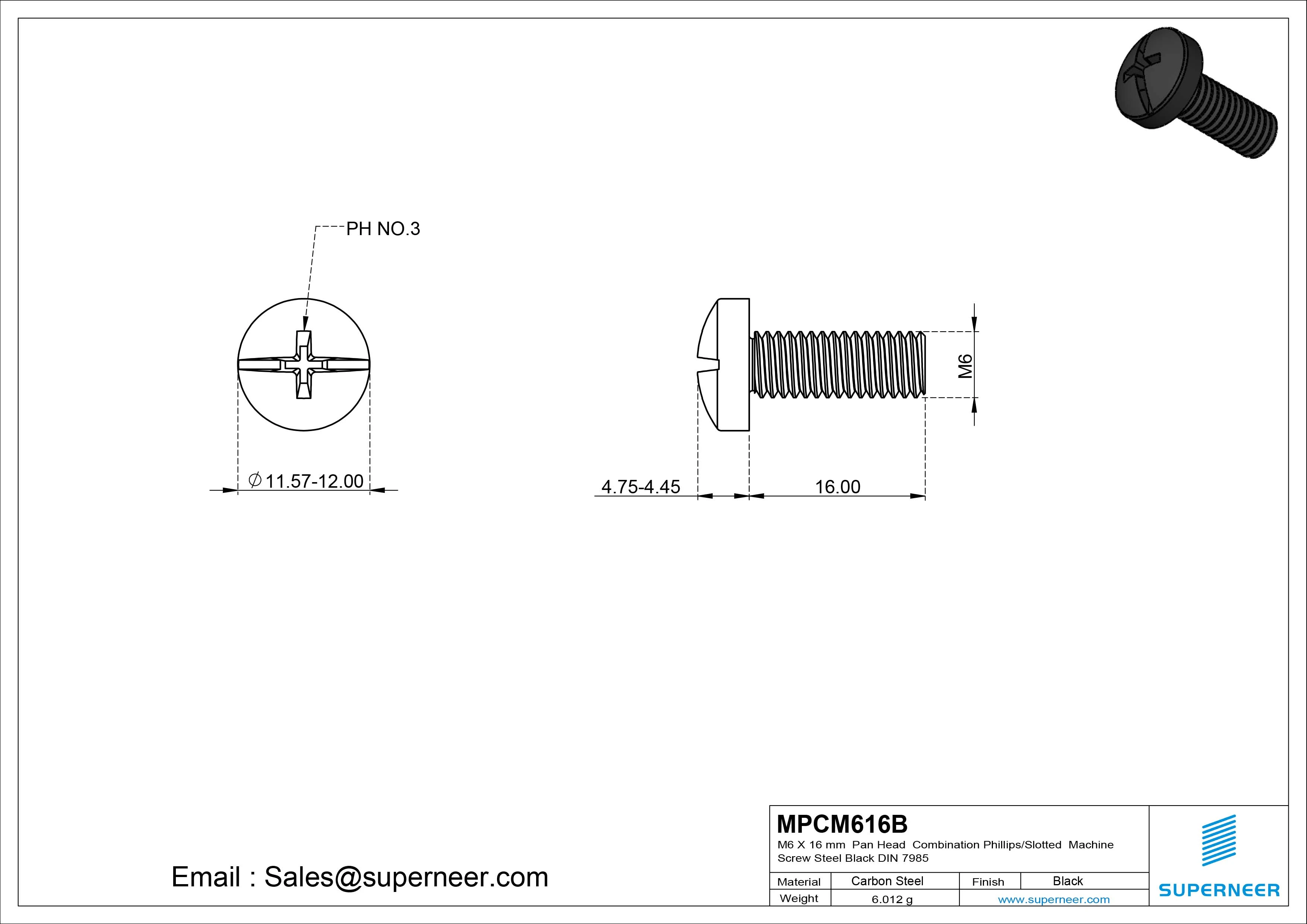 M6 x 16 mm Pan Head  Combination Phillips/Slotted Machine Screw Steel Black DIN 7985