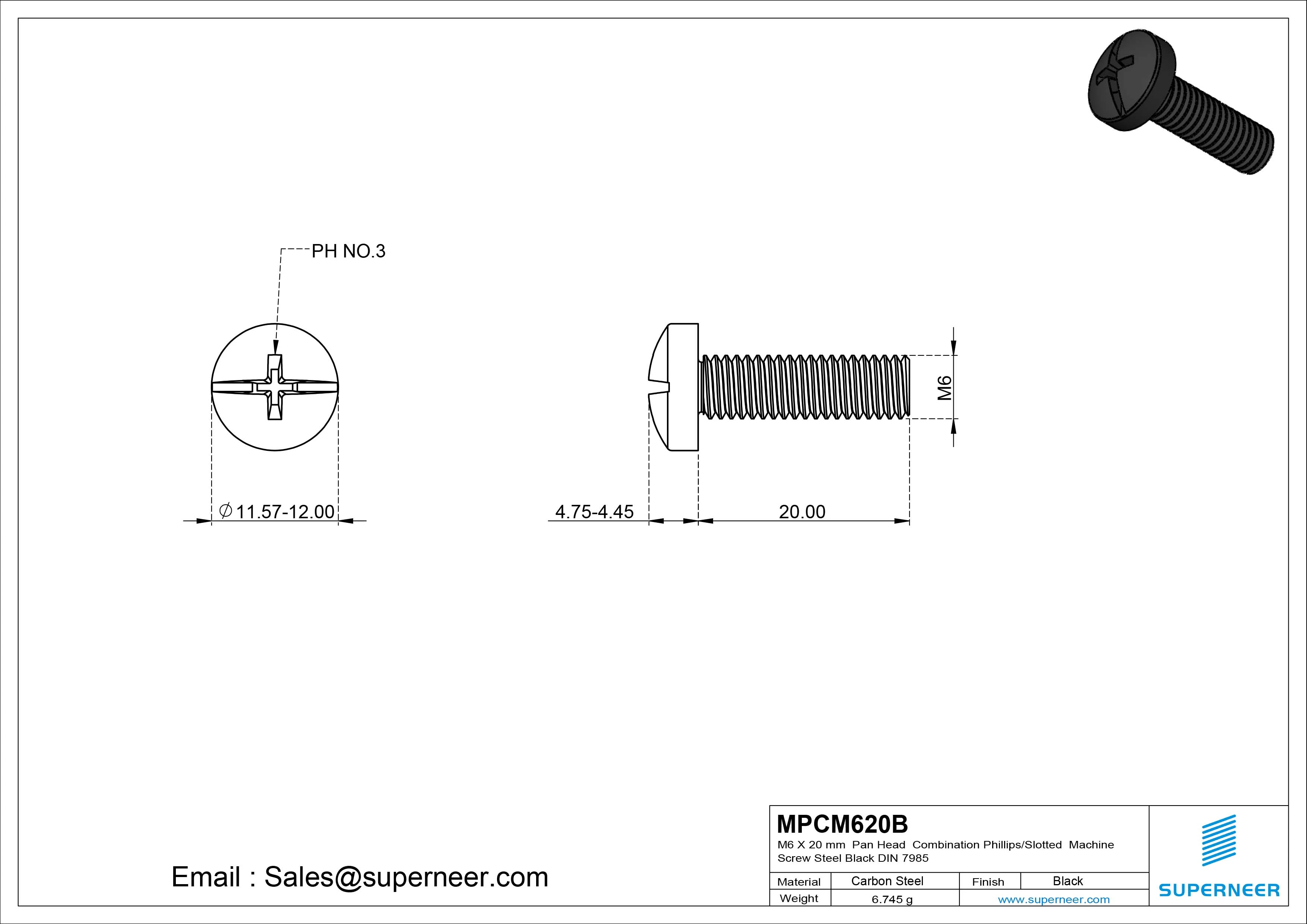 M6 x 20 mm Pan Head  Combination Phillips/Slotted Machine Screw Steel Black DIN 7985