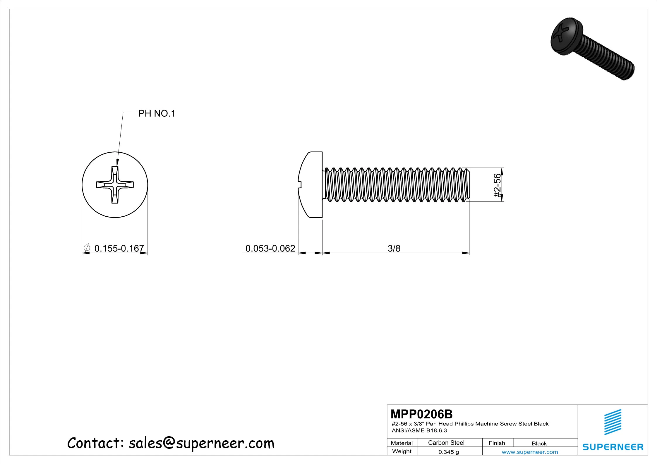 2-56 x 3/8" Pan Head Phillips Machine Screw Steel Black ANSI/ASME B18.6.3