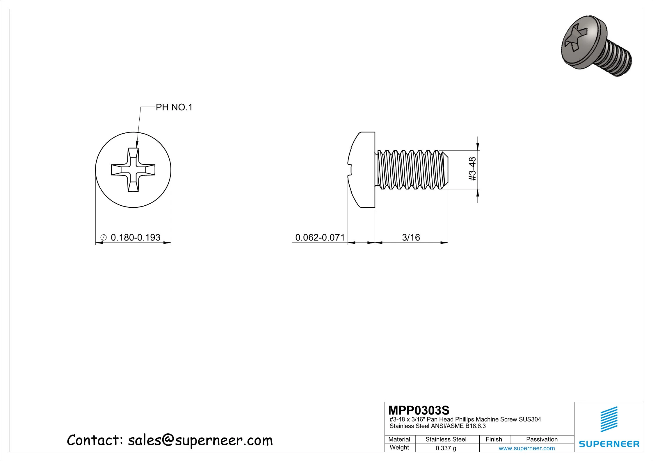 3-48 x 3/16" Phillips Pan Head Screw SUS304 Stainless Steel Inox ANSI/ASME B18.6.3