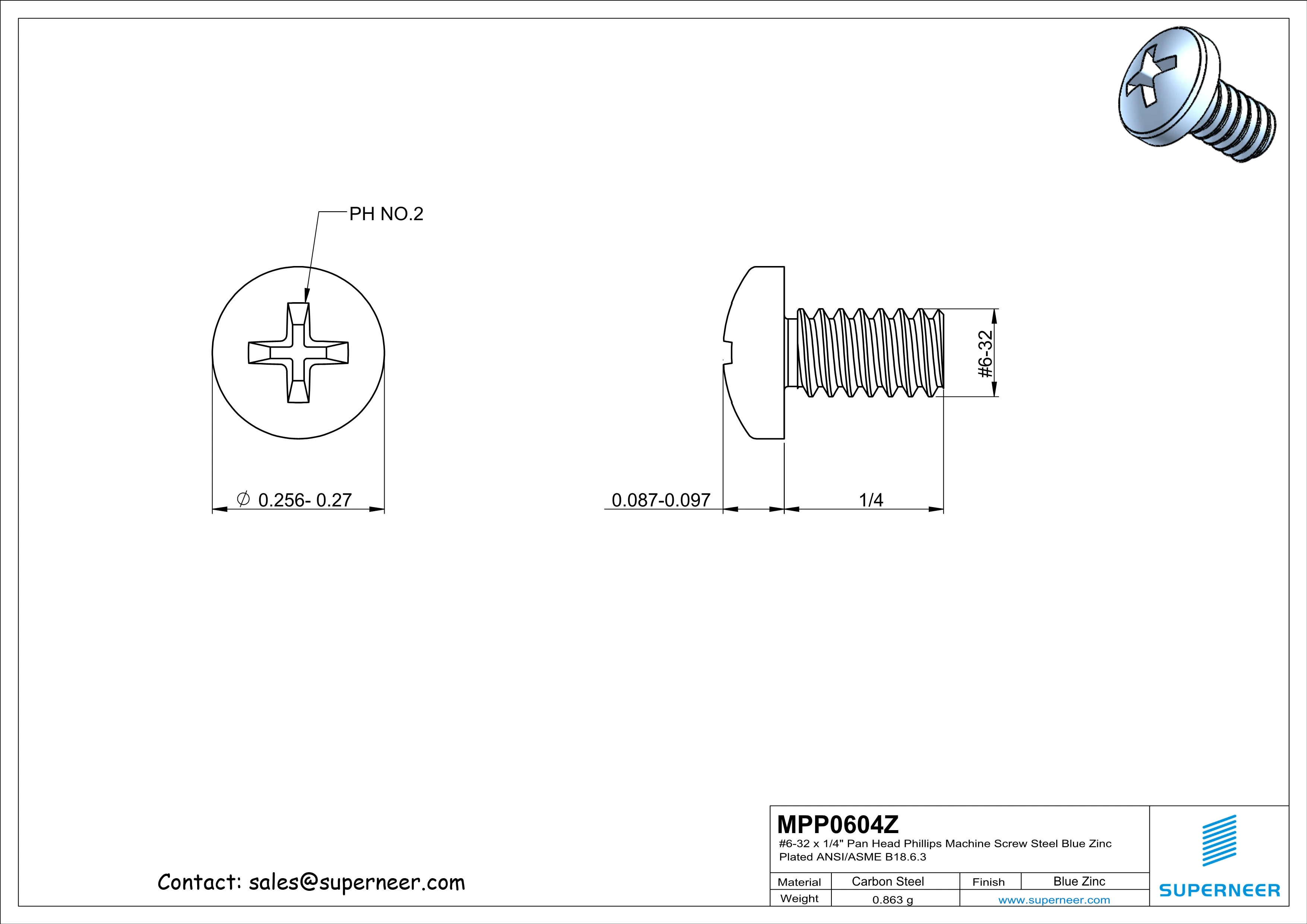 6-32 x 1/4" Pan Head Phillips Machine Screw Steel Blue Zinc Plated ANSI/ASME B18.6.3
