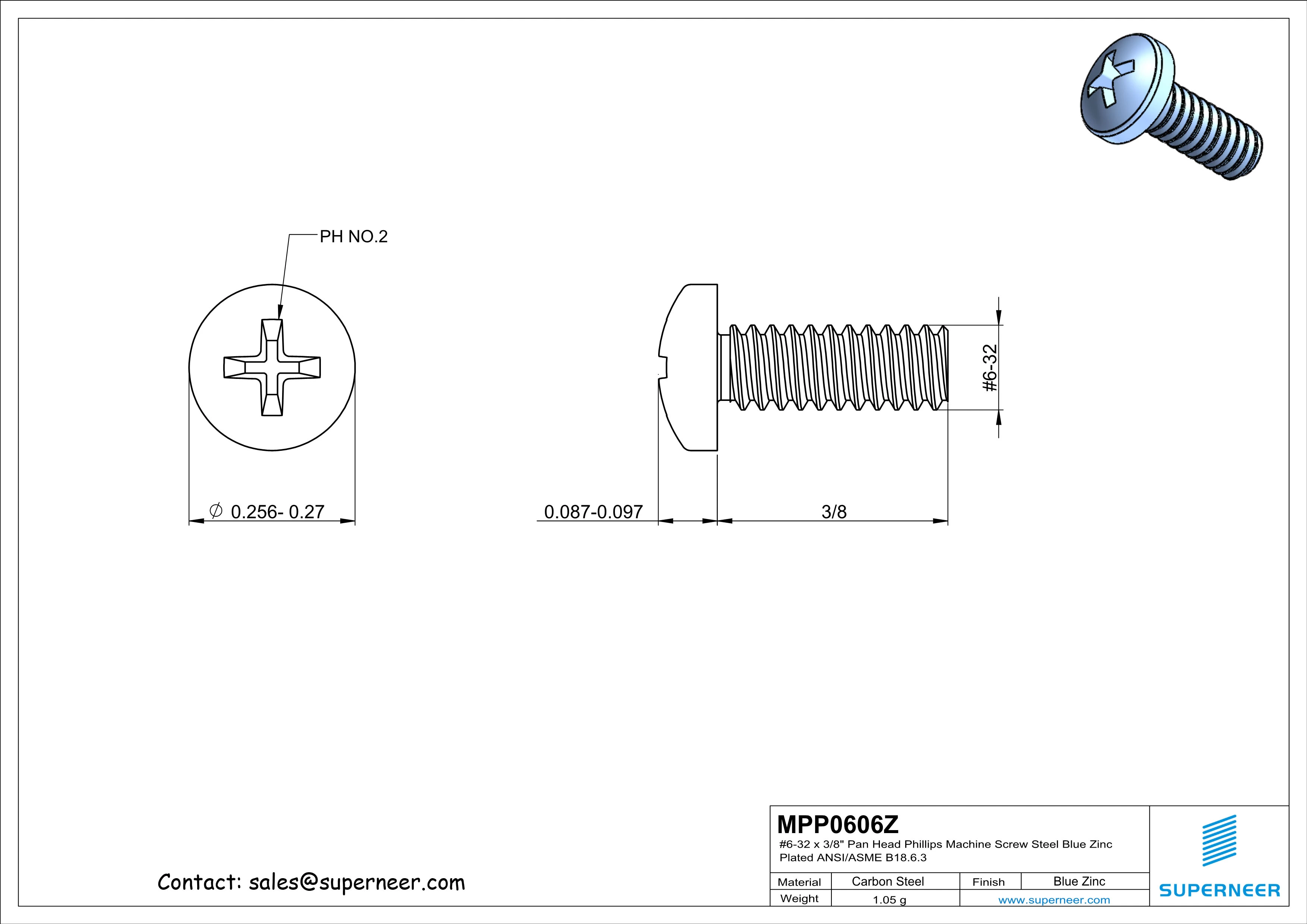 6-32 x 3/8" Pan Head Phillips Machine Screw Steel Blue Zinc Plated ANSI/ASME B18.6.3