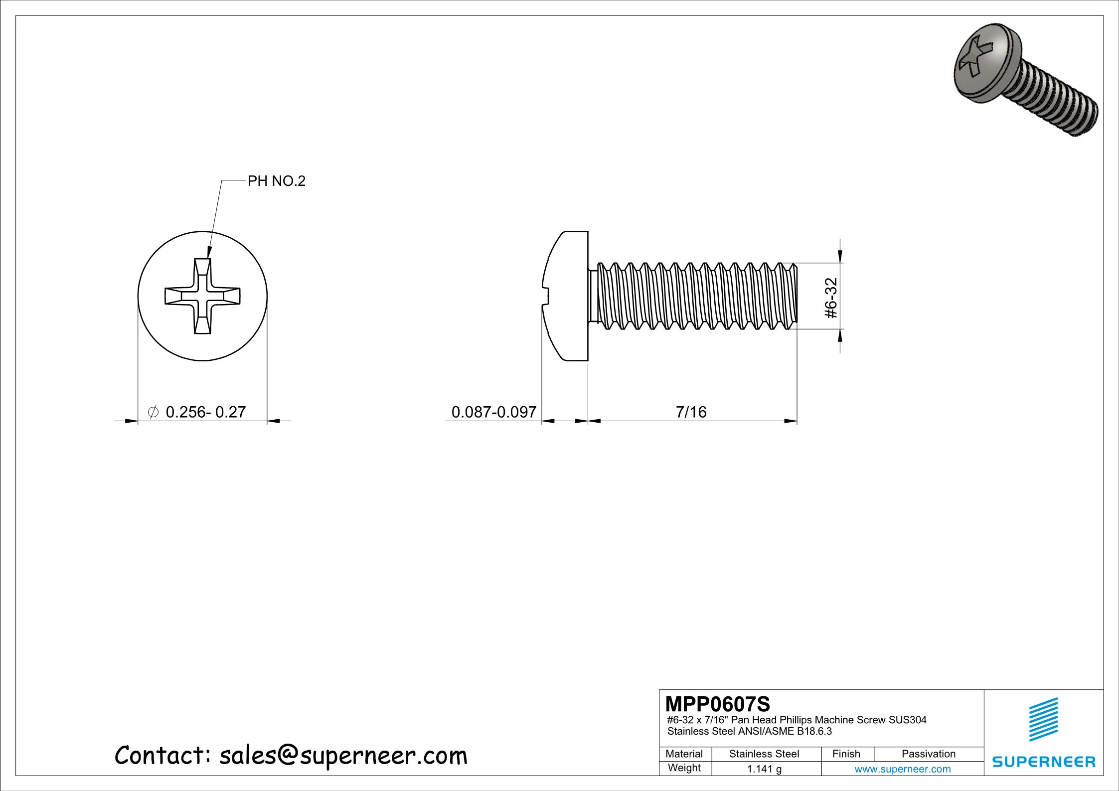 6-32 x 7/16" Phillips Pan Head Screw SUS304 Stainless Steel Inox ANSI/ASME B18.6.3