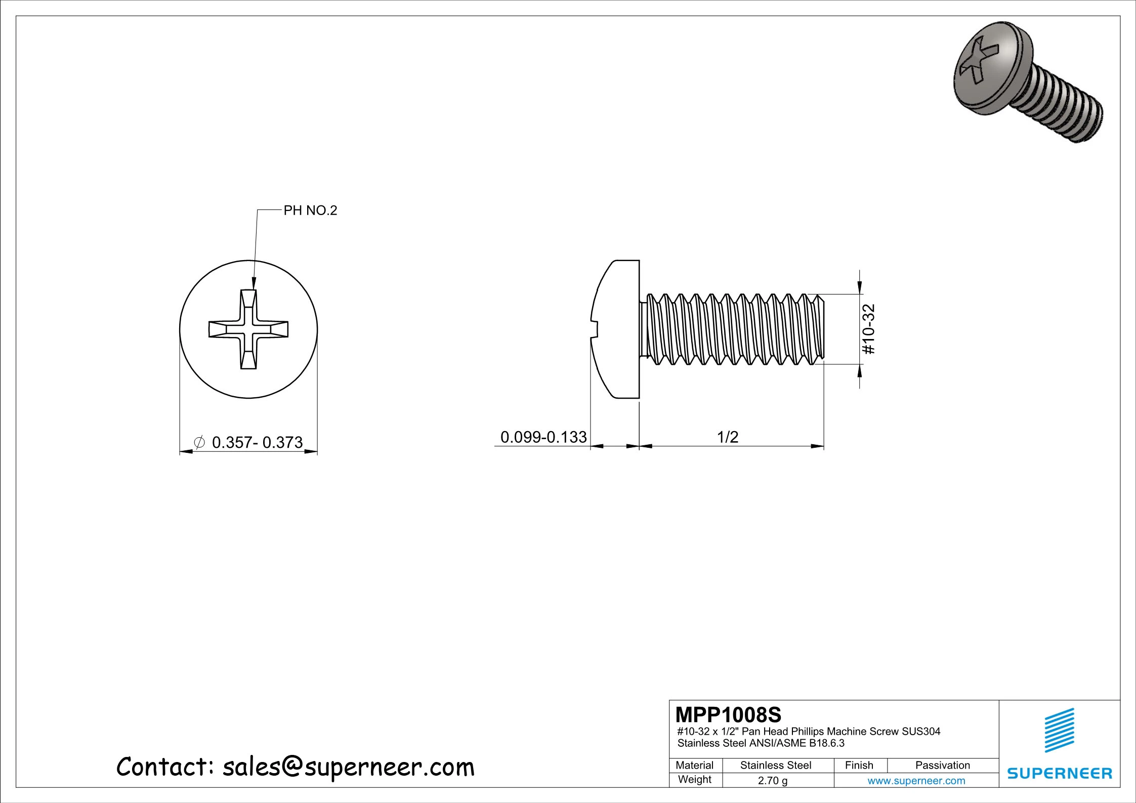 10-32 x 1/2"  Pan Head Phillips Machine Screw SUS304 Stainless Steel Inox ANSI/ASME B18.6.3