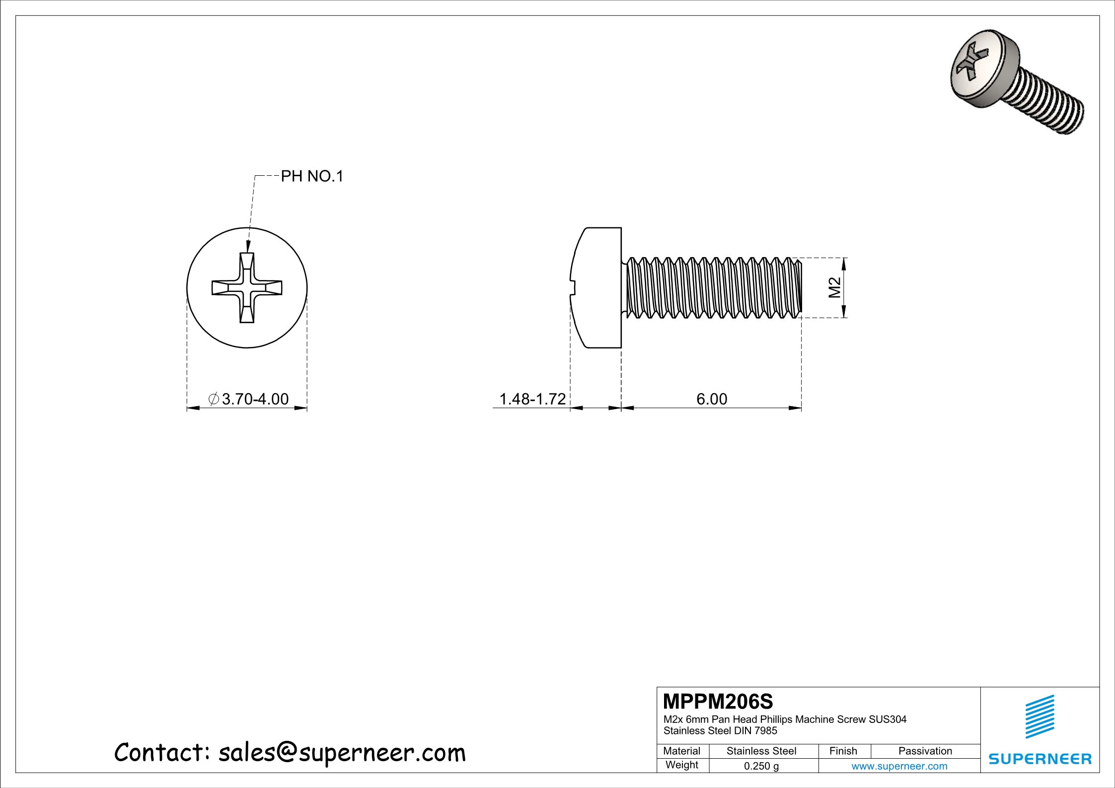 M2 x 6 mm  Pan Head Phillips Machine Screw SUS304 Stainless Steel Inox DIN 7985