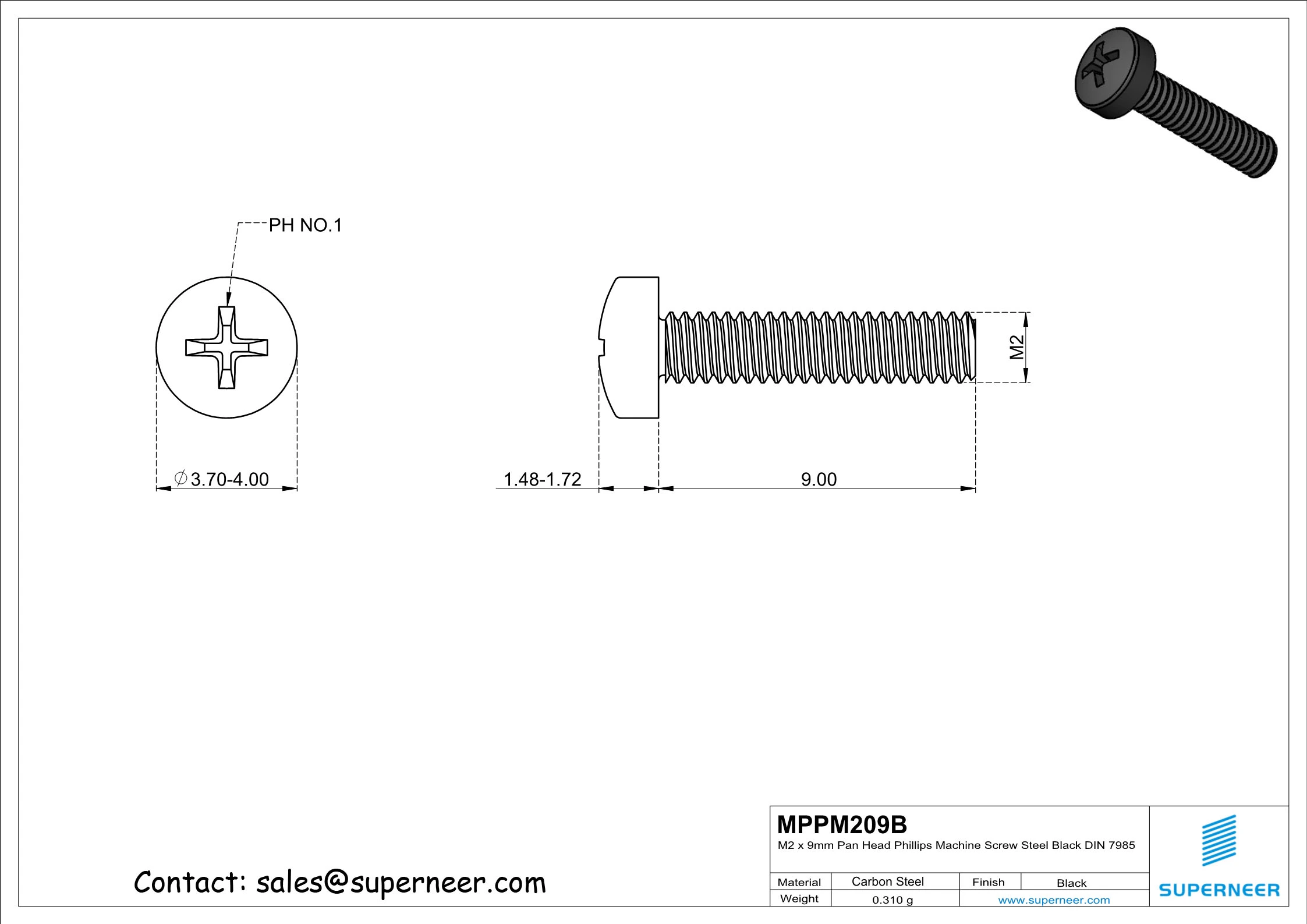 M2 x 9 mm Pan Head Phillips Machine Screw Steel Black DIN 7985
