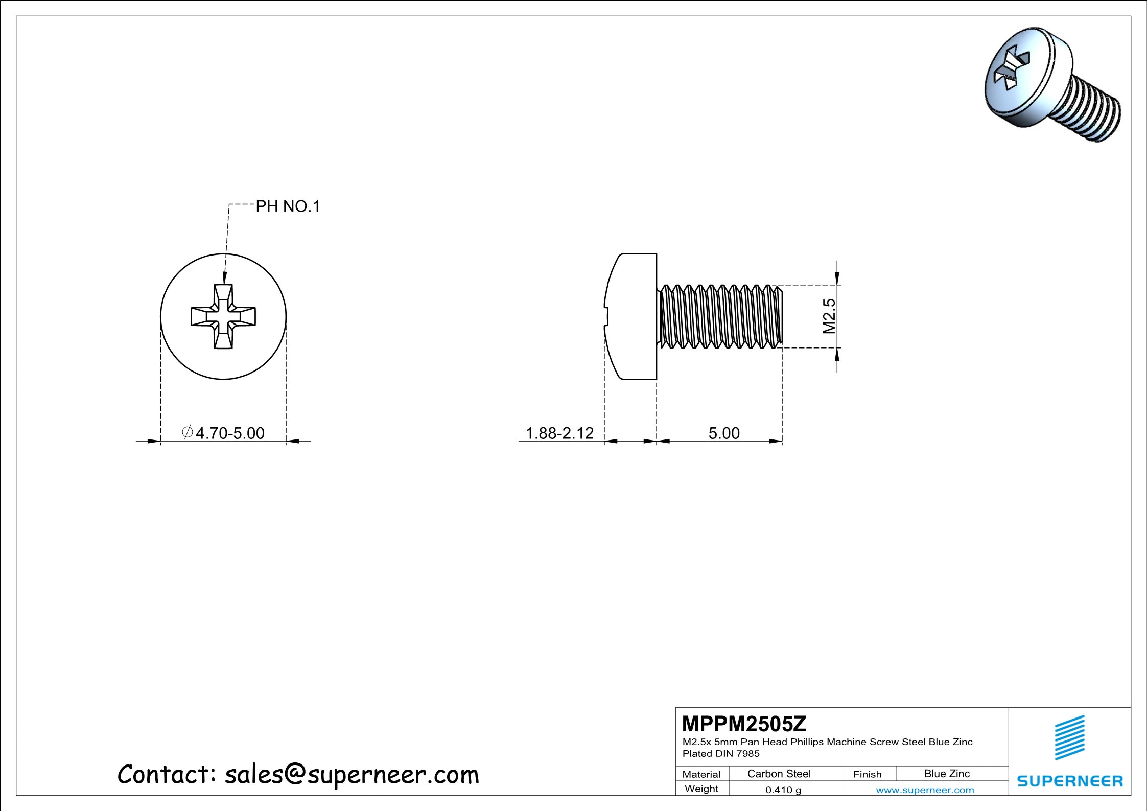 M2.5 x 5 mm Pan Head Phillips Machine Screw Steel Blue Zinc Plated DIN 7985