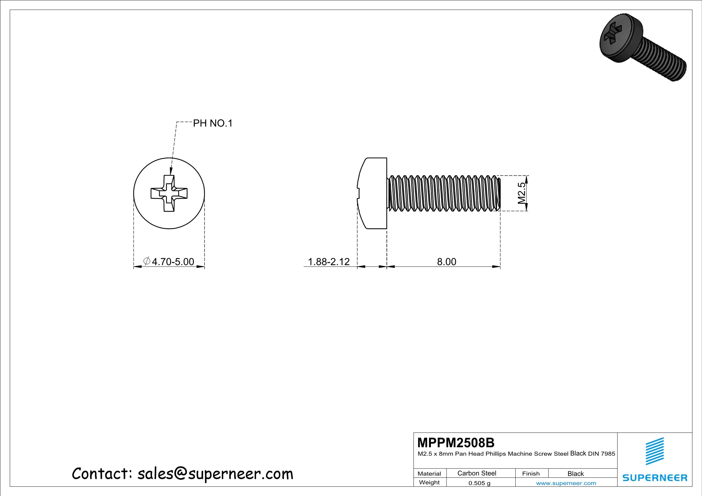 M2.5 x 8 mm Pan Head Phillips Machine Screw Steel Black DIN 7985