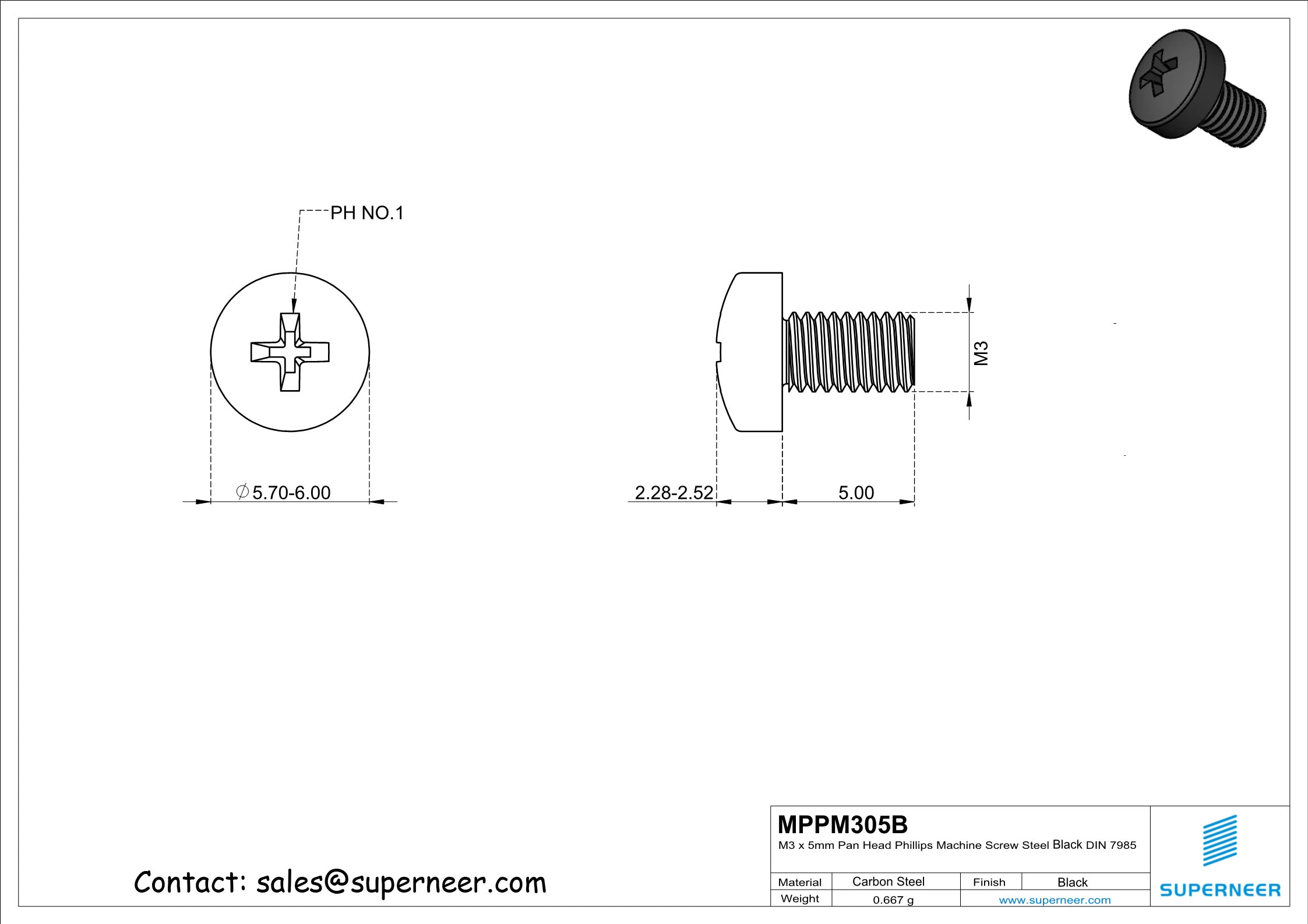 M3 x 5 mm Pan Head Phillips Machine Screw Steel Black DIN 7985