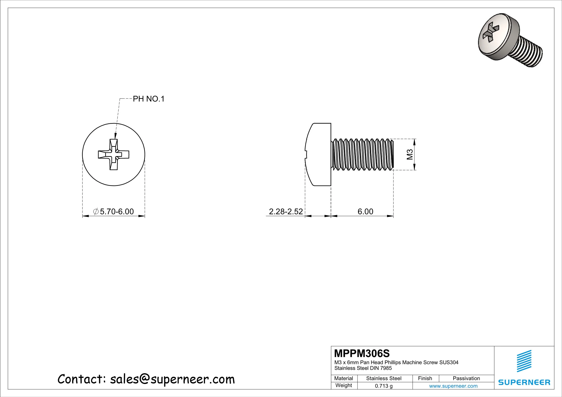 M3 x 6 mm  Pan Head Phillips Machine Screw SUS304 Stainless Steel Inox DIN 7985
