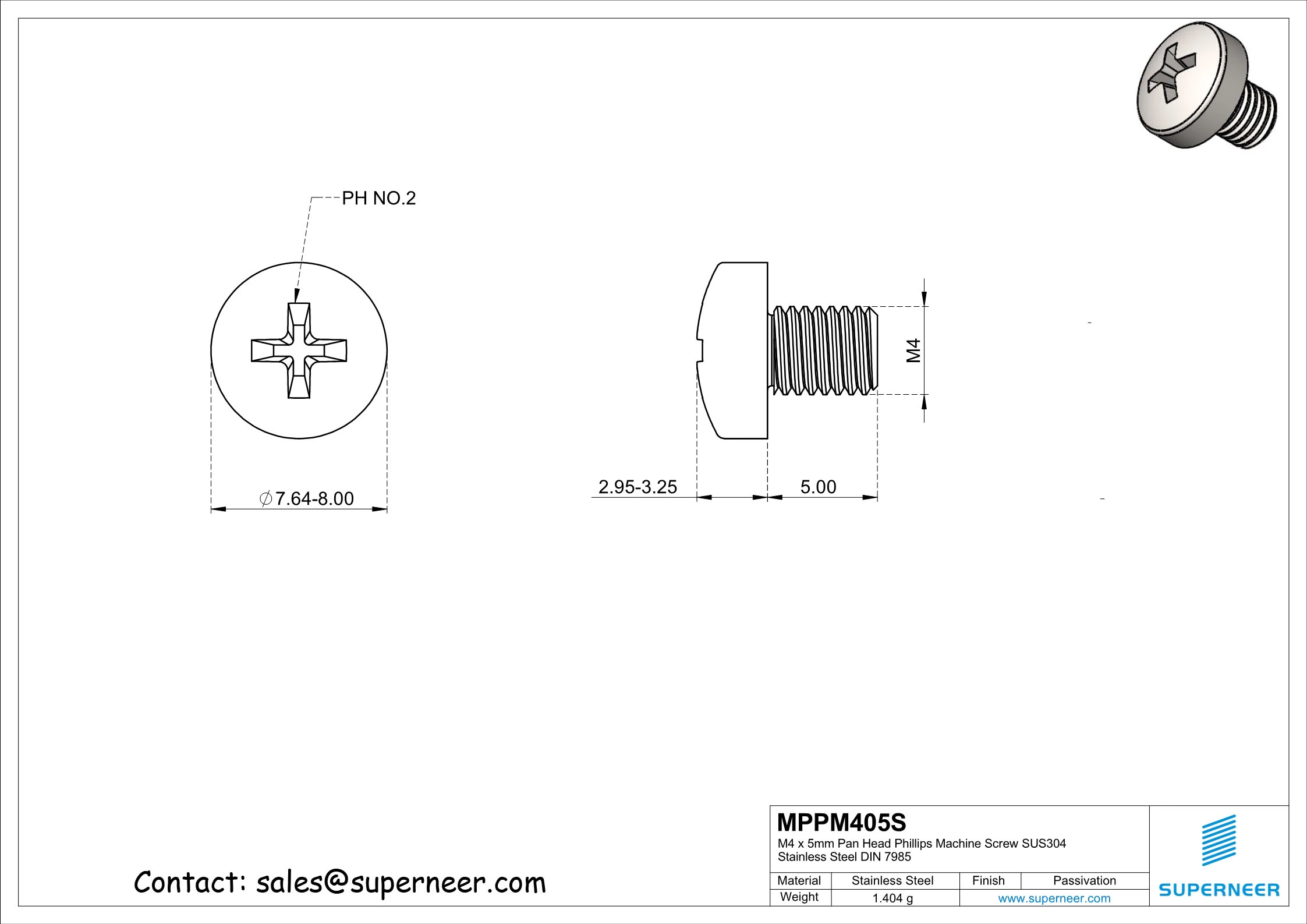 M4 x 5 mm  Pan Head Phillips Machine Screw SUS304 Stainless Steel Inox DIN 7985