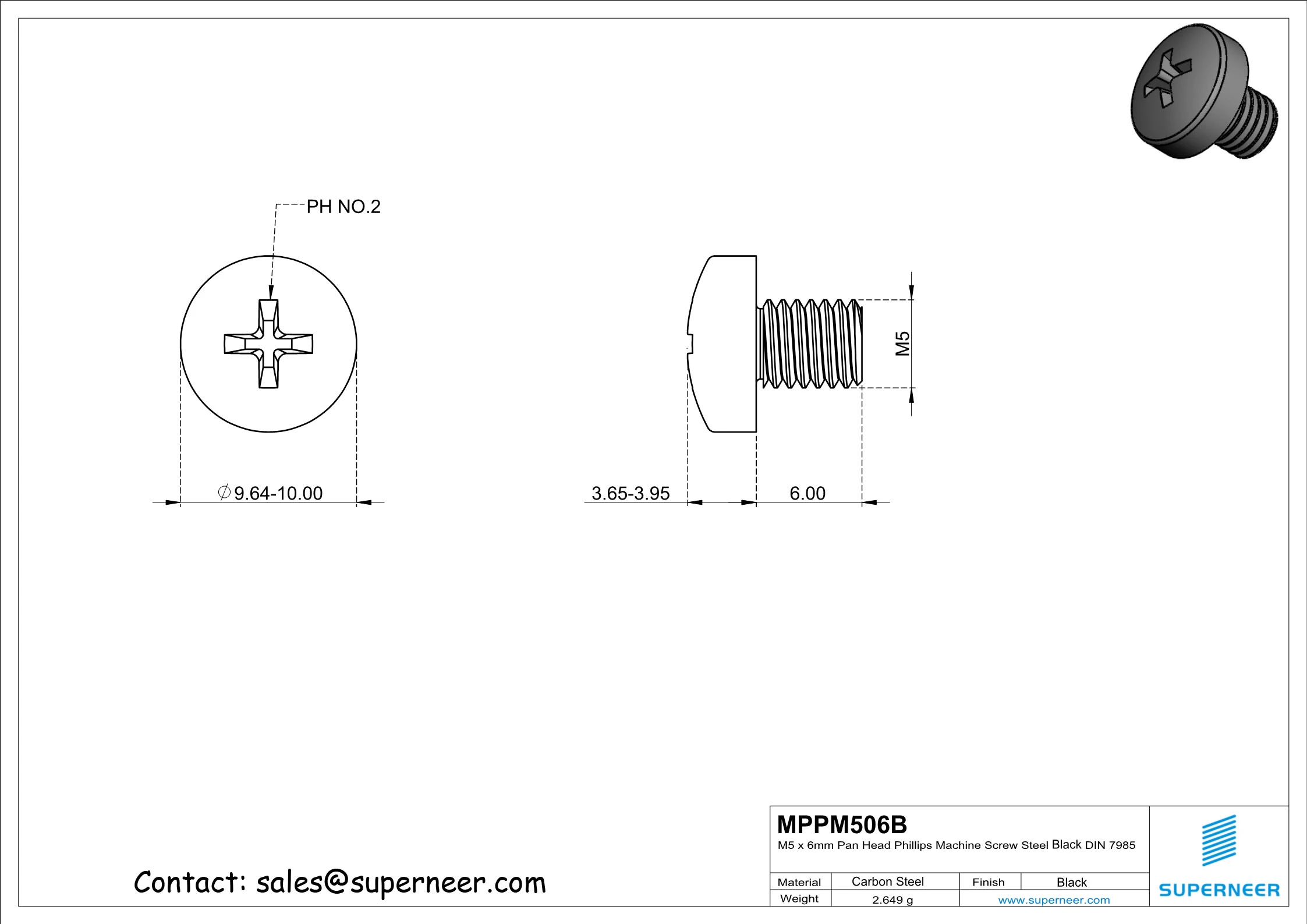 M5 x 6 mm Pan Head Phillips Machine Screw Steel Black DIN 7985