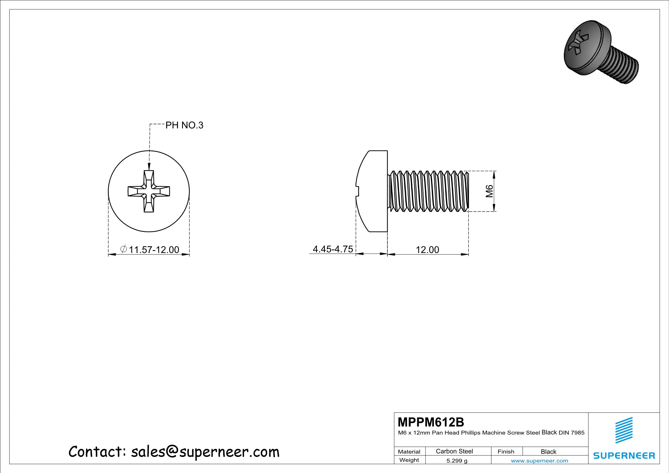 M6 x 12 mm Pan Head Phillips Machine Screw Steel Black DIN 7985