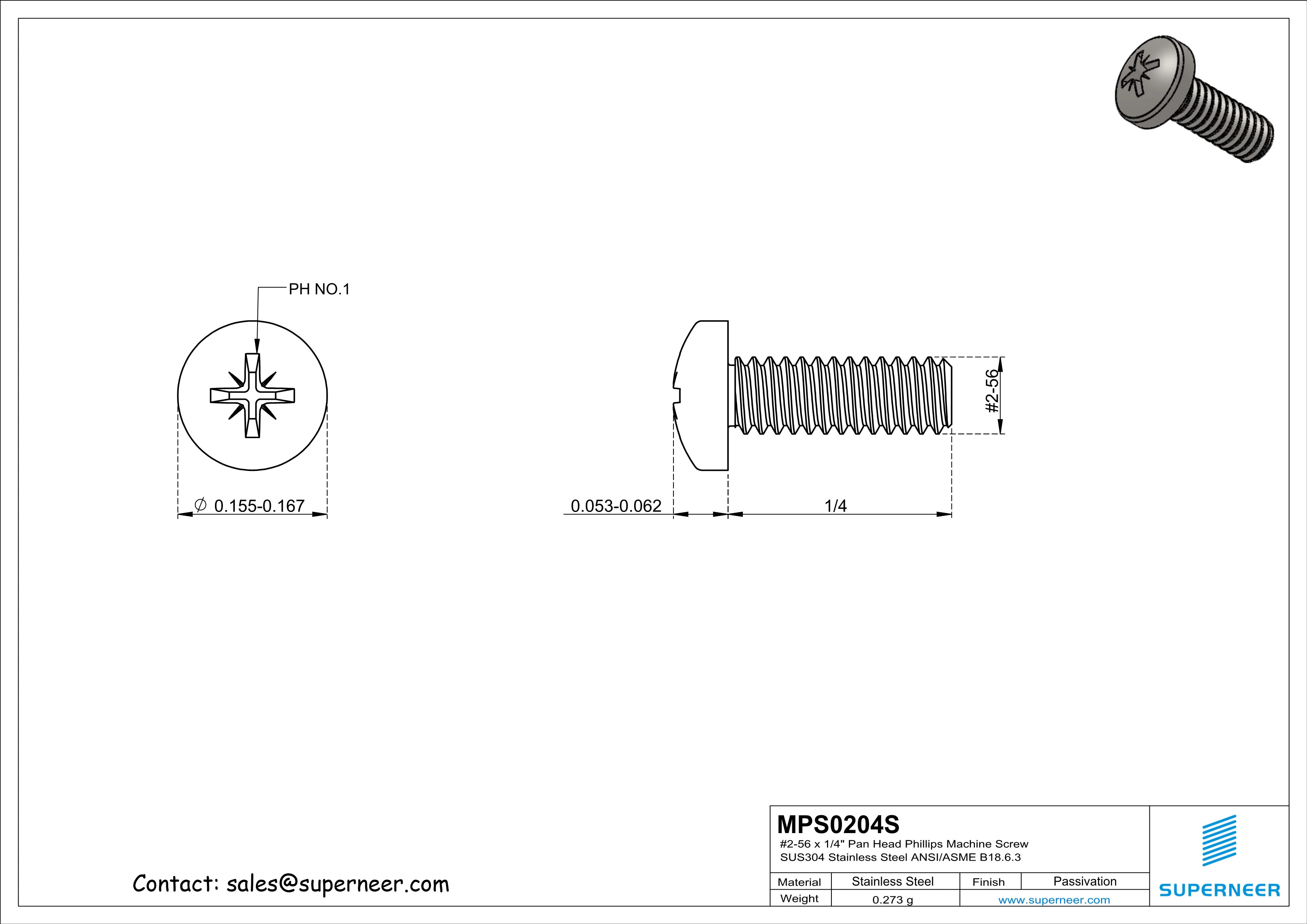 2-56 x 1/4" Pan Head Pozi Machine Screw SUS304 Stainless Steel Inox ANSI/ASME B18.6.3