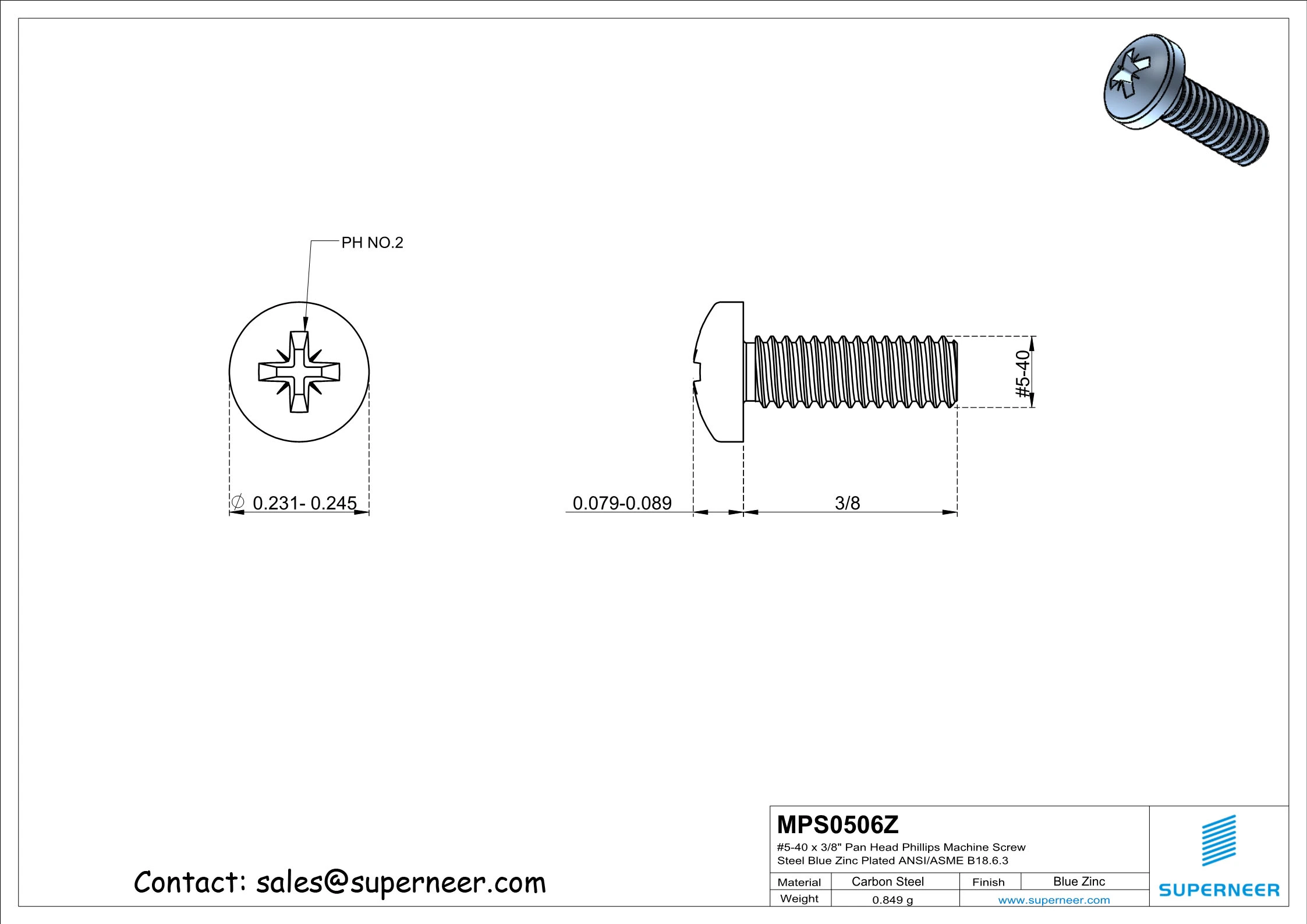 5-40 x 3/8" Pan Head Pozi Machine Screw Steel Blue Zinc Plated ANSI/ASME B18.6.3
