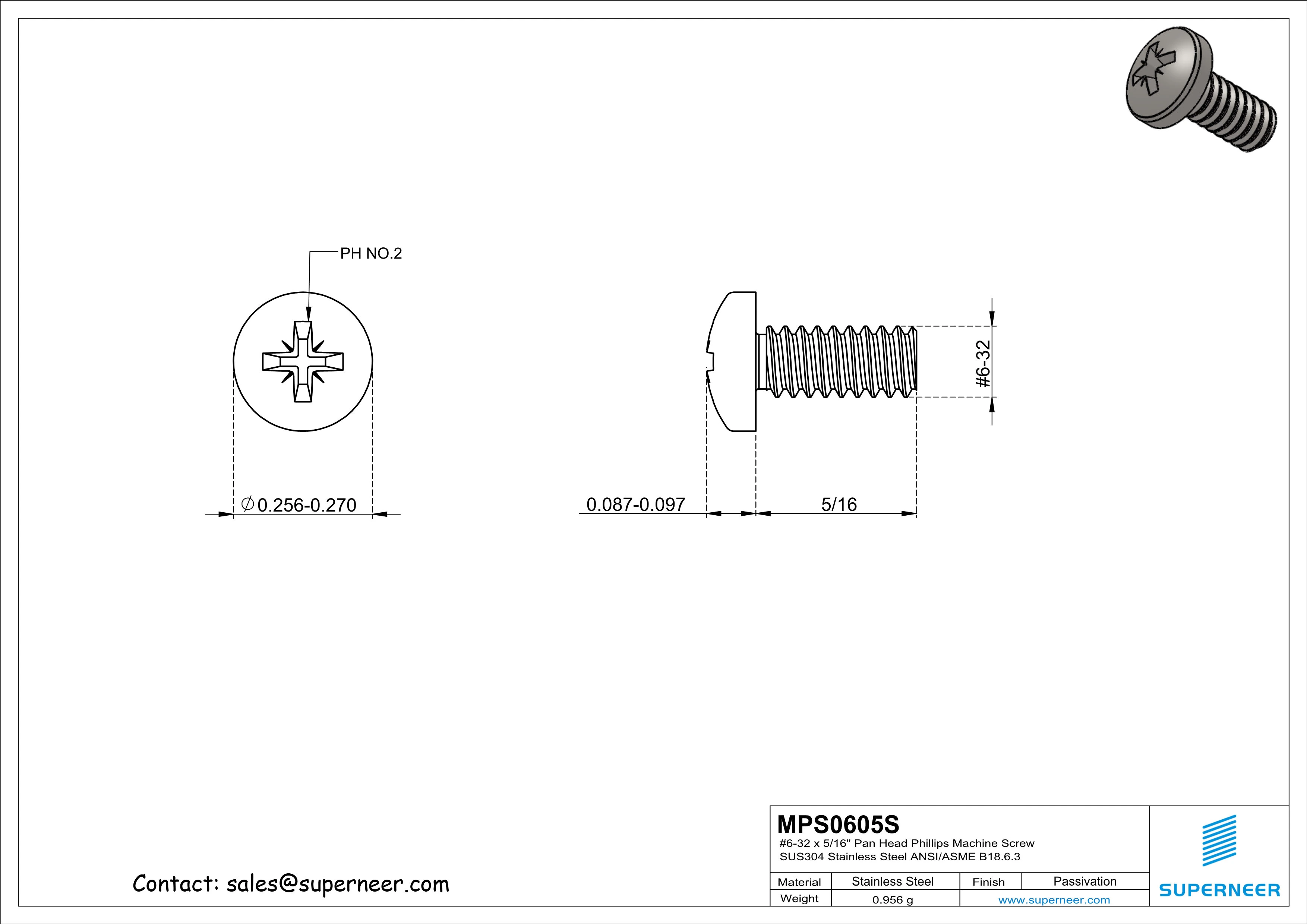 6-32 x 5/16" Pan Head Pozi Machine Screw SUS304 Stainless Steel Inox ANSI/ASME B18.6.3