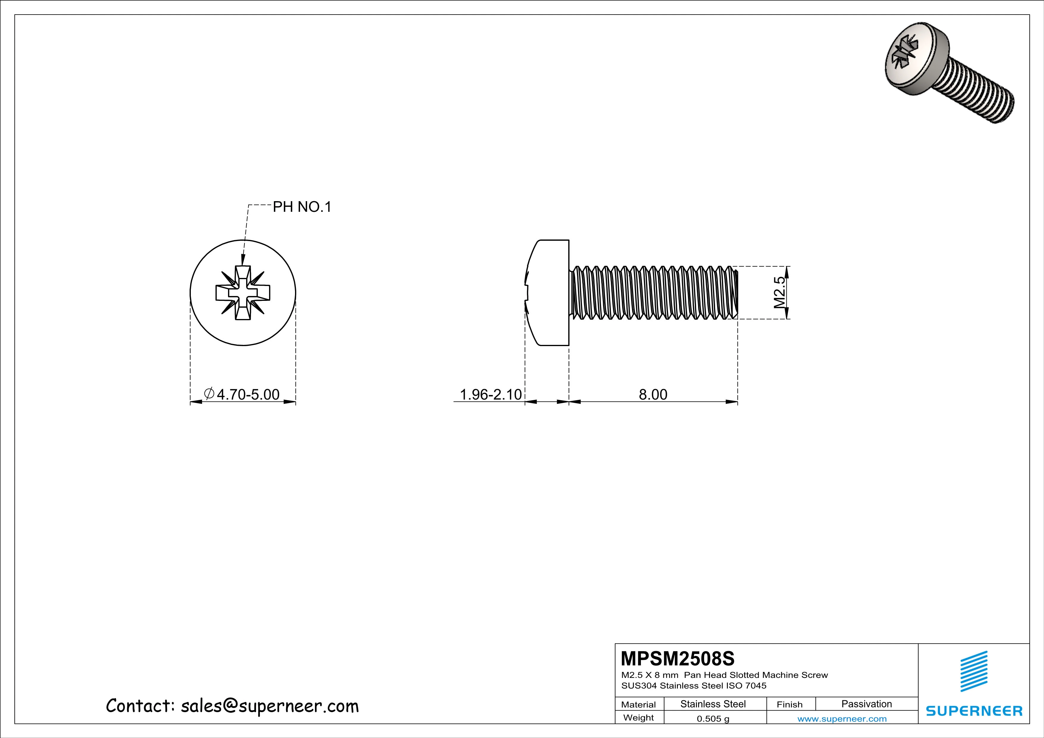 M2.5 x 8 mm  Pan Head Pozi Machine Screw SUS304 Stainless Steel Inox   ISO 7045