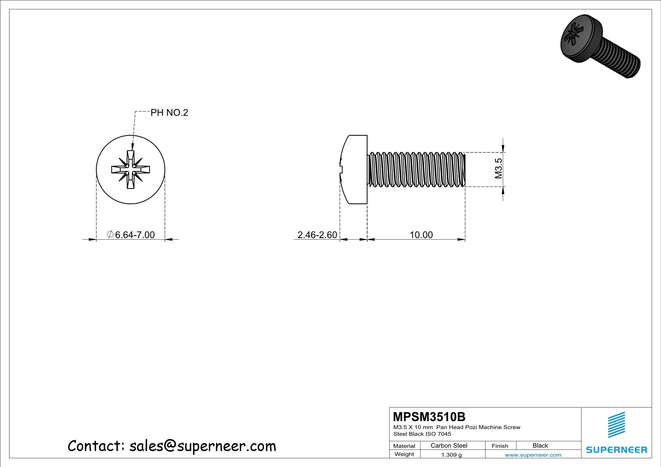 M3.5 x 10 mm Pan Head Pozi Machine Screw Steel Black ISO 7045