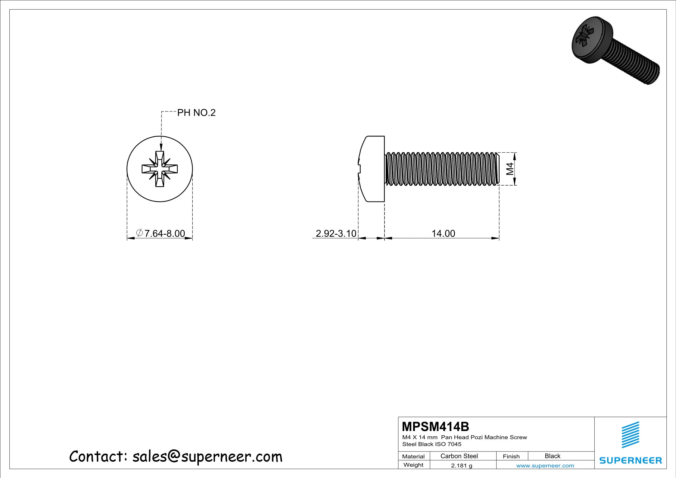 M4 x 14 mm Pan Head Pozi Machine Screw Steel Black ISO 7045