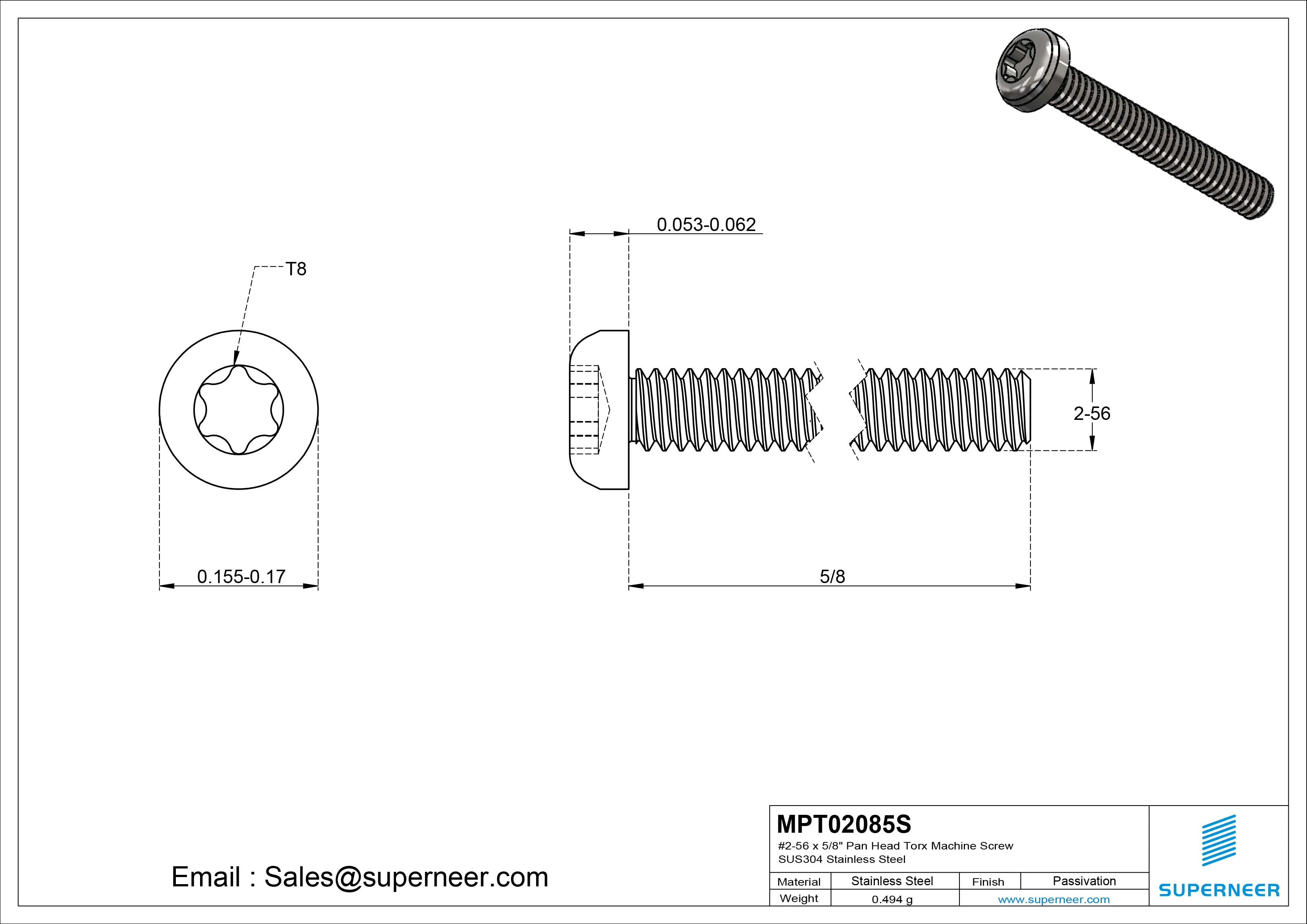  2-56 x 5/8&ldquo; Pan Head Torx Machine Screw SUS304 Stainless Steel