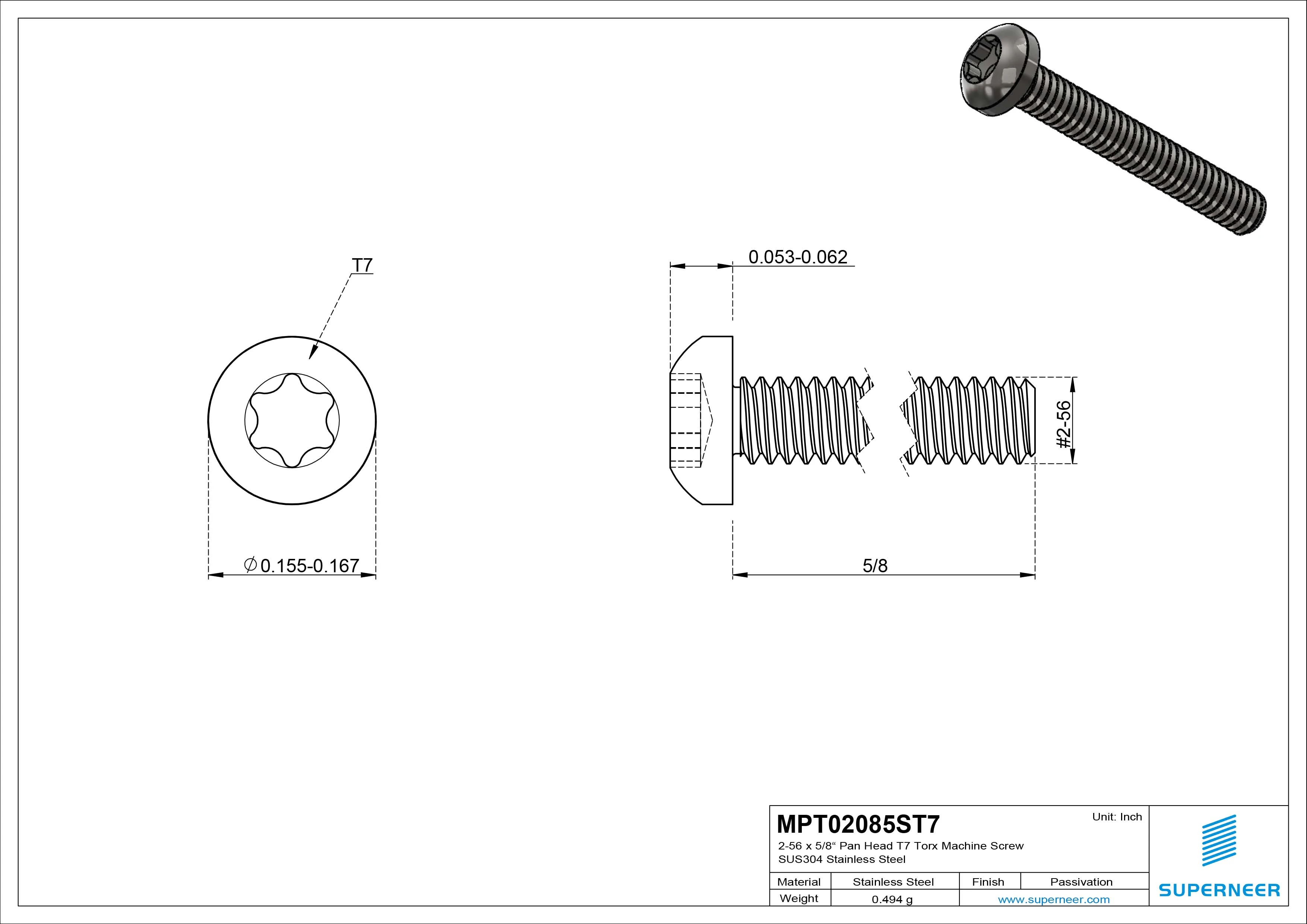  2-56 x 5/8&ldquo; Pan Head Torx  T7 Machine Screw SUS304 Stainless Steel