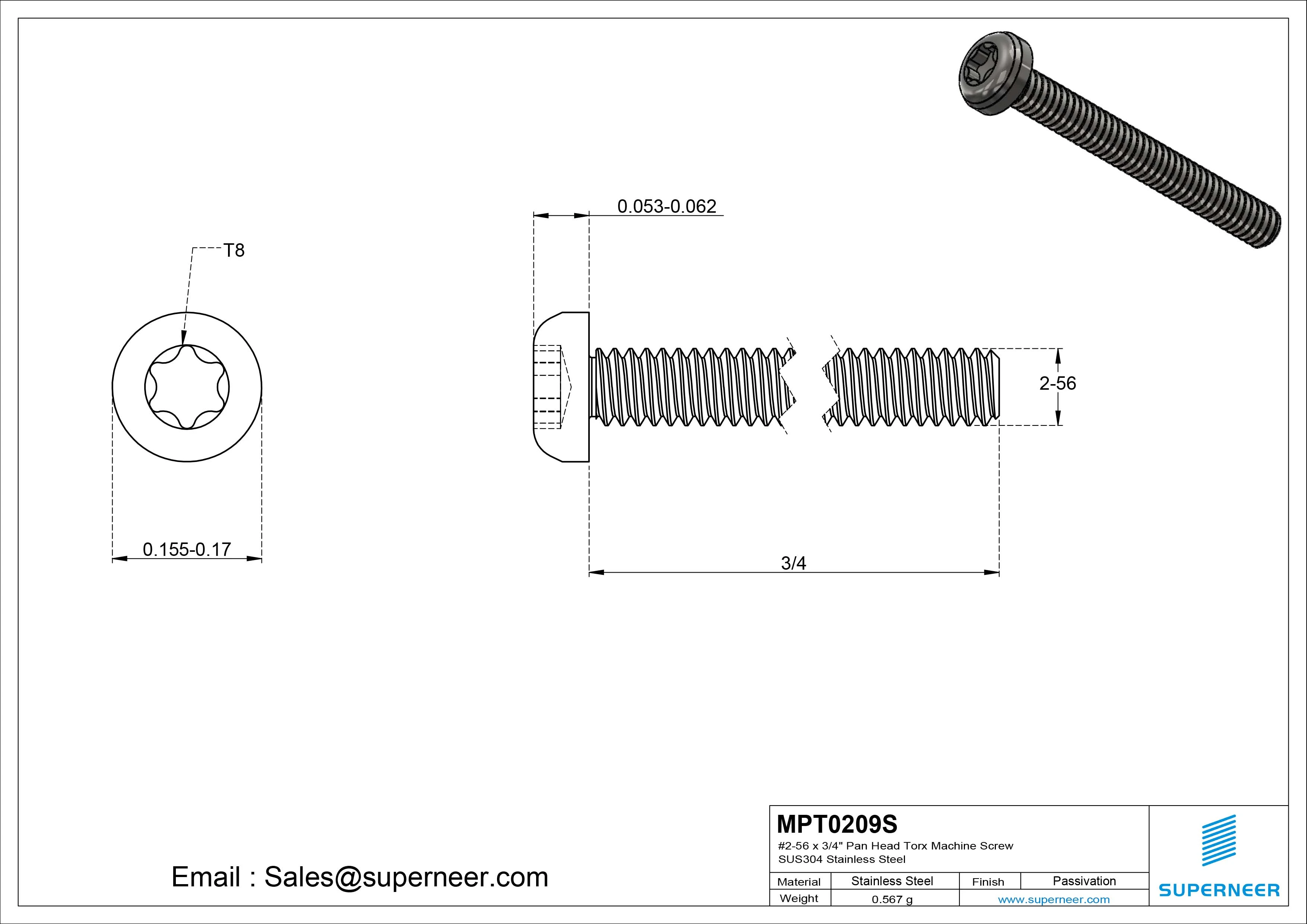 2-56 x 3/4&ldquo; Pan Head Torx Machine Screw SUS304 Stainless Steel