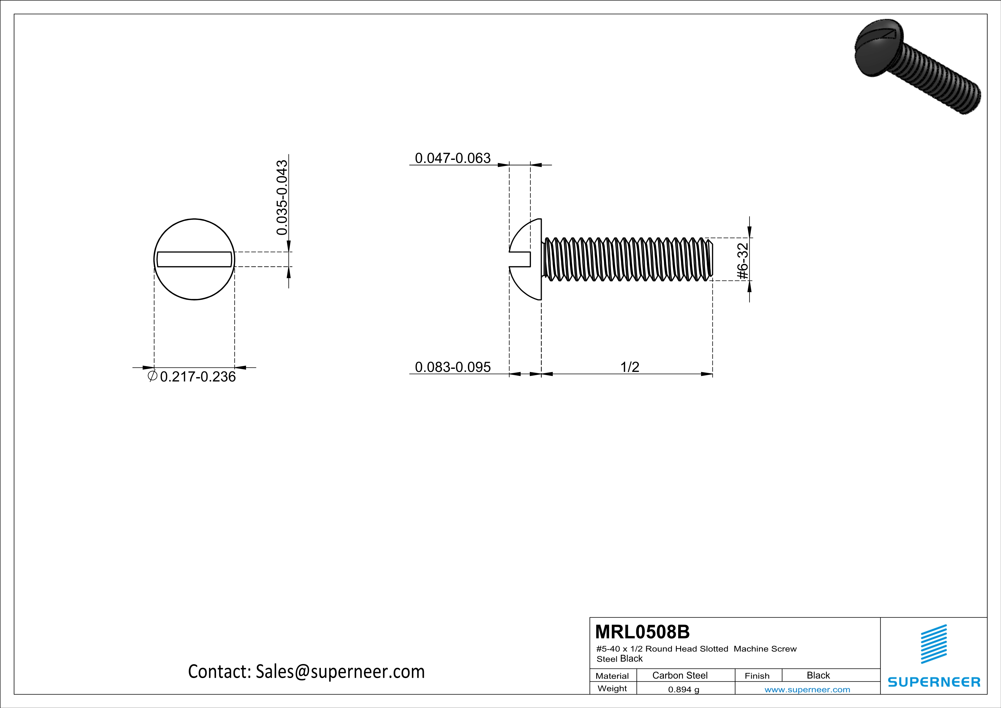 5-40 x 1/2" Round Head Slotted Machine Screw Steel Black