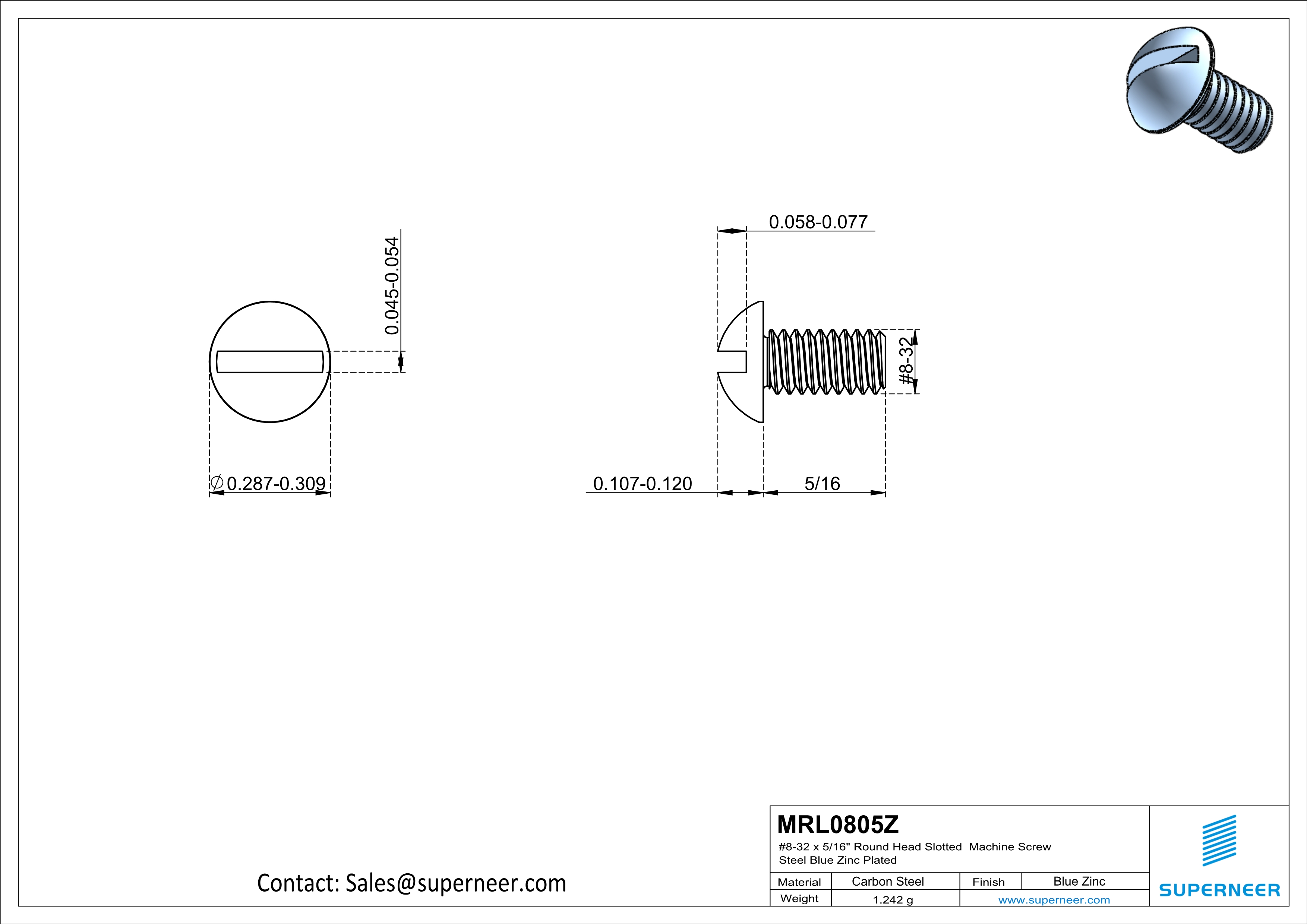 8-32 x 5/16" Round Head Slotted Machine Screw Steel Blue Zinc Plated