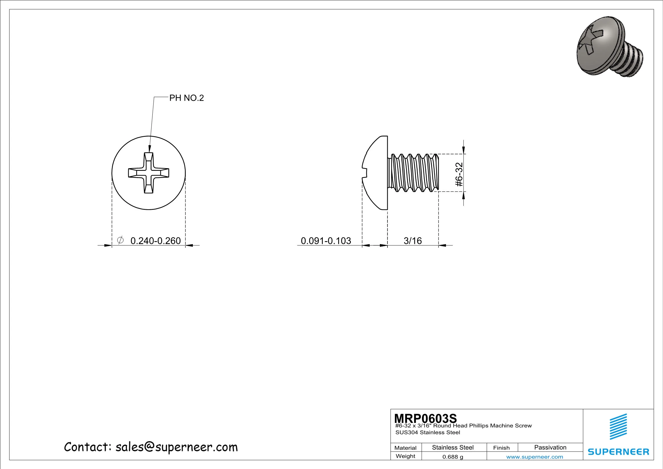 6-32 x 3/16" Round Head Phillips Machine Screw SUS304 Stainless Steel Inox