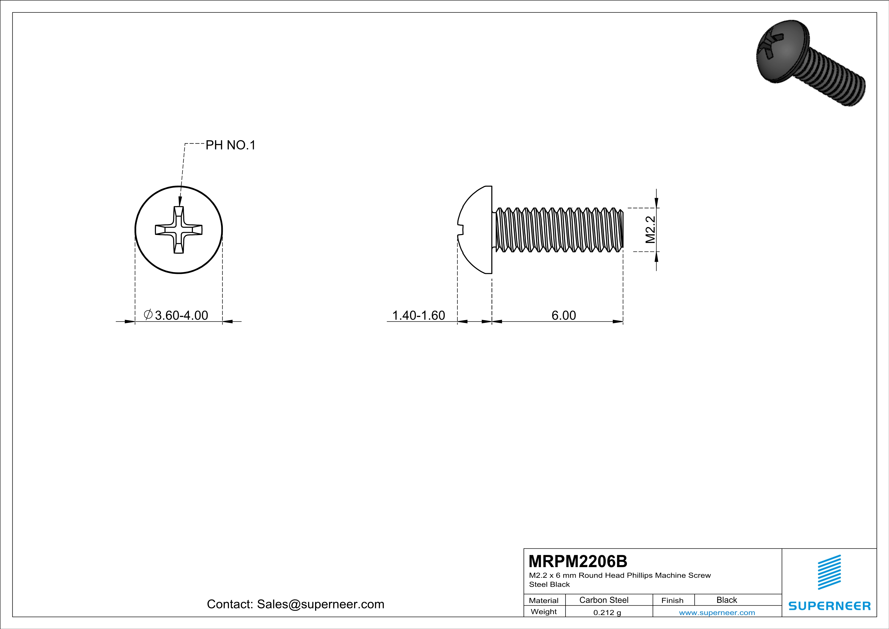 M2.2 x 6 mm Round Head Phillips Machine Screw Steel Black