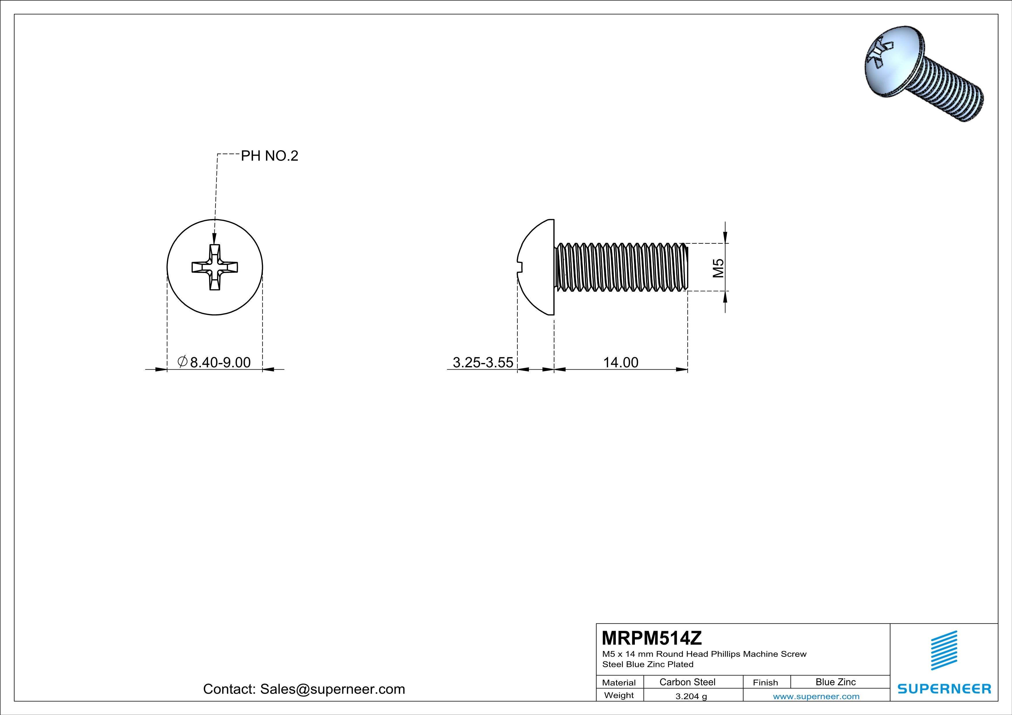 M5 x 14 mm Round Head Phillips Machine Screw Steel Blue Zinc Plated