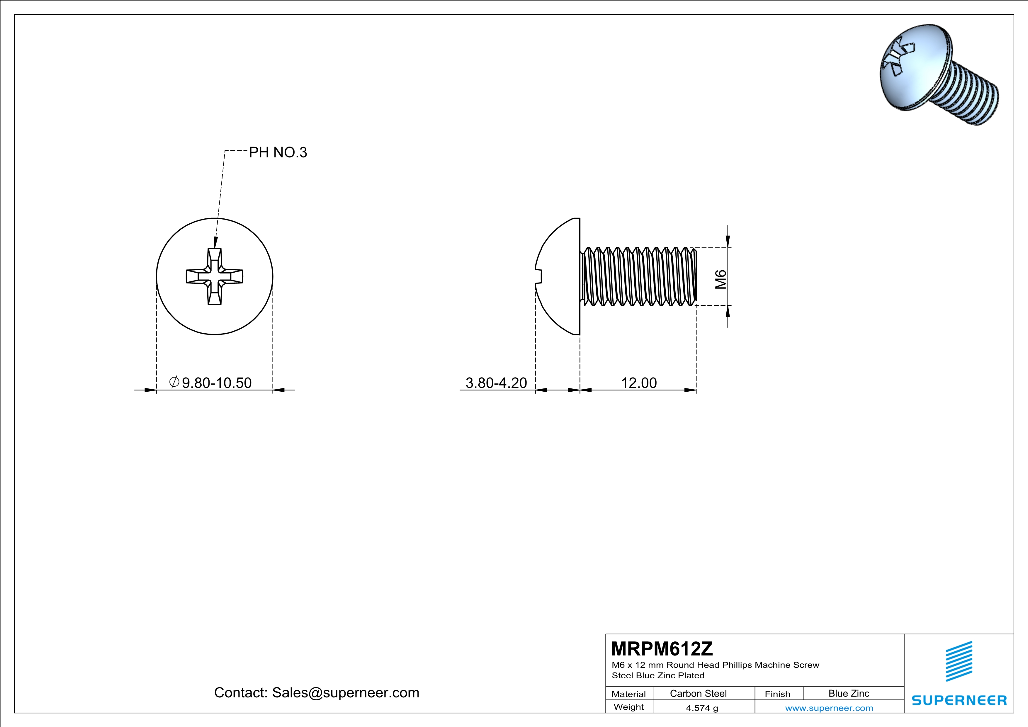 M6 x 12 mm Round Head Phillips Machine Screw Steel Blue Zinc Plated