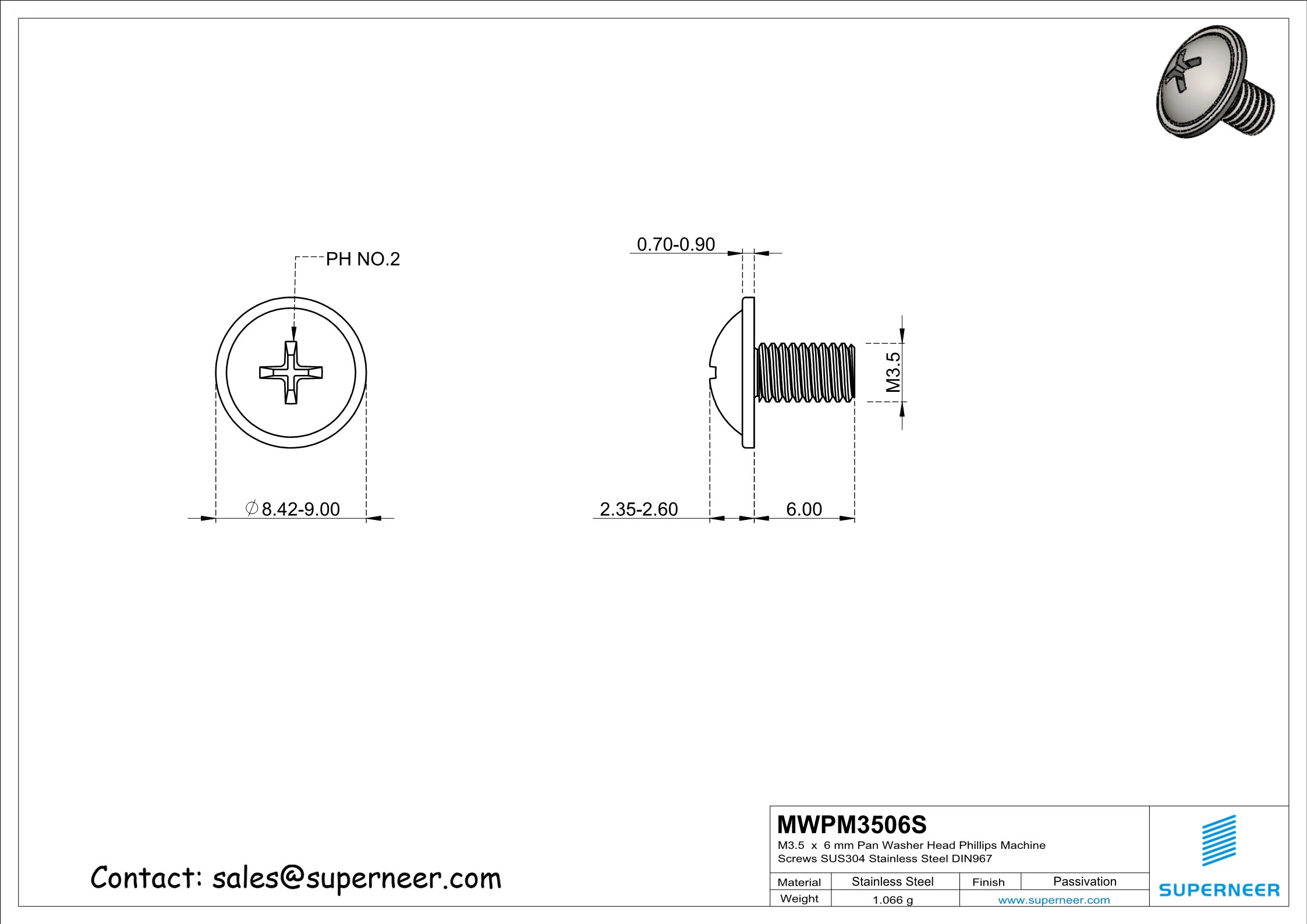 M3.5 x 6 mm  Pan Washer Head Phillips Machine Screws SUS304 Stainless Steel Inox DIN967