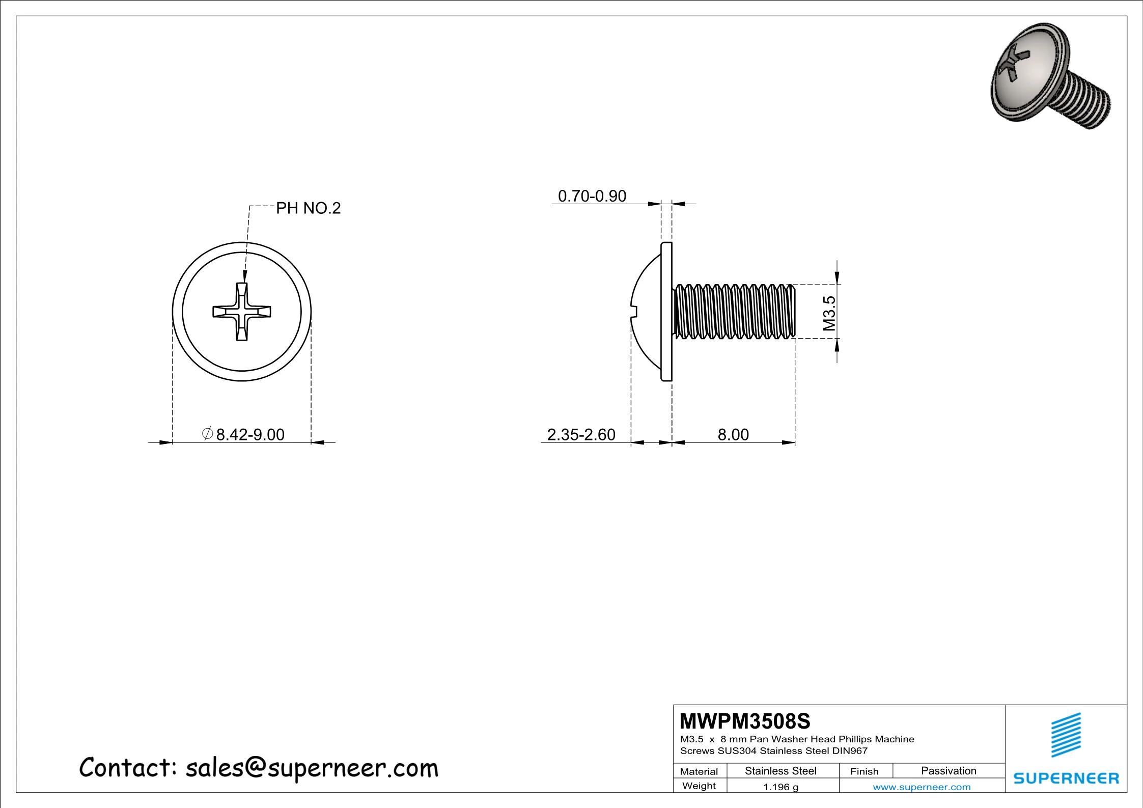 M3.5 x 8 mm  Pan Washer Head Phillips Machine Screws SUS304 Stainless Steel Inox DIN967